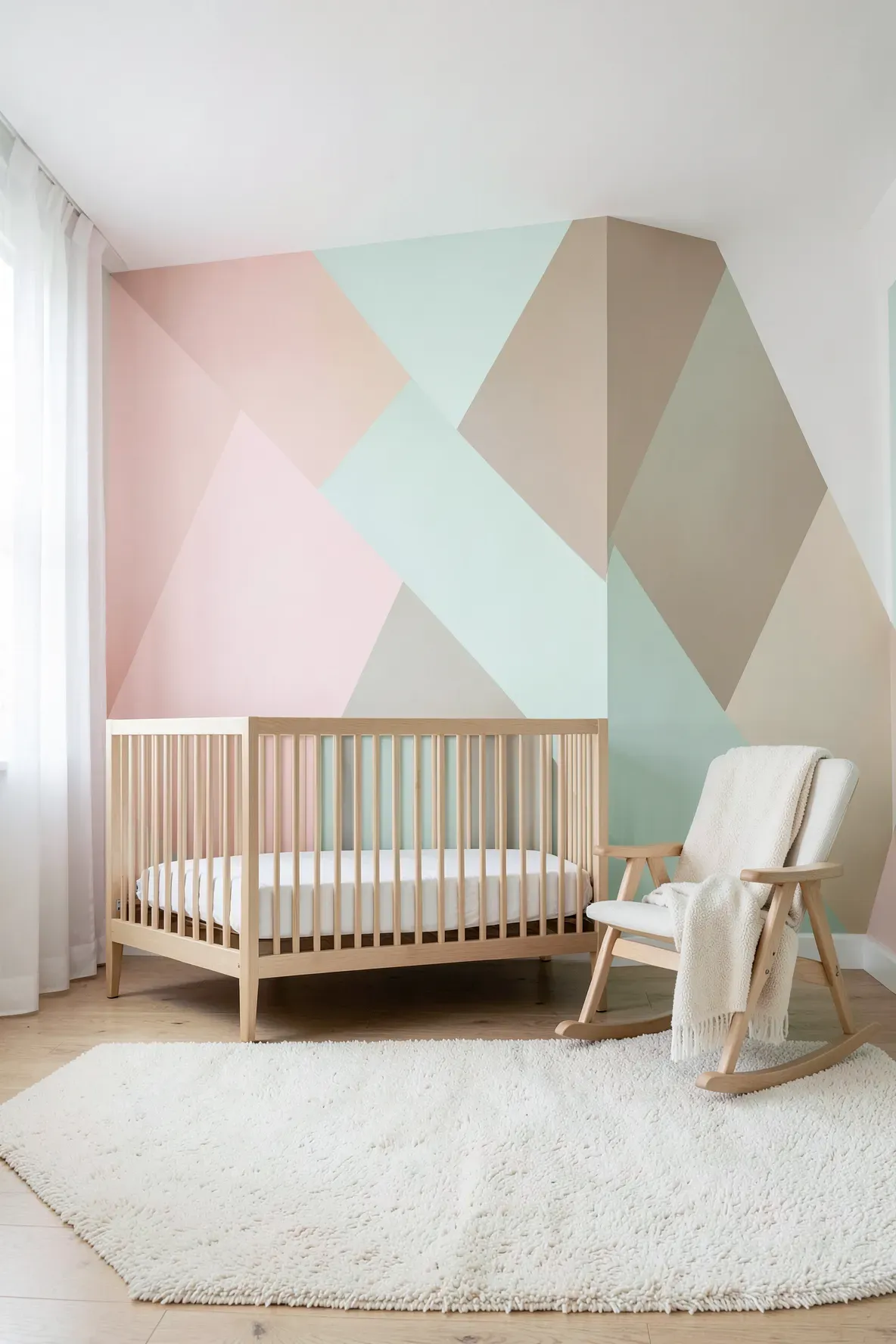 A modern nursery with a large-scale pastel triangle accent wall in pink, mint, and beige.