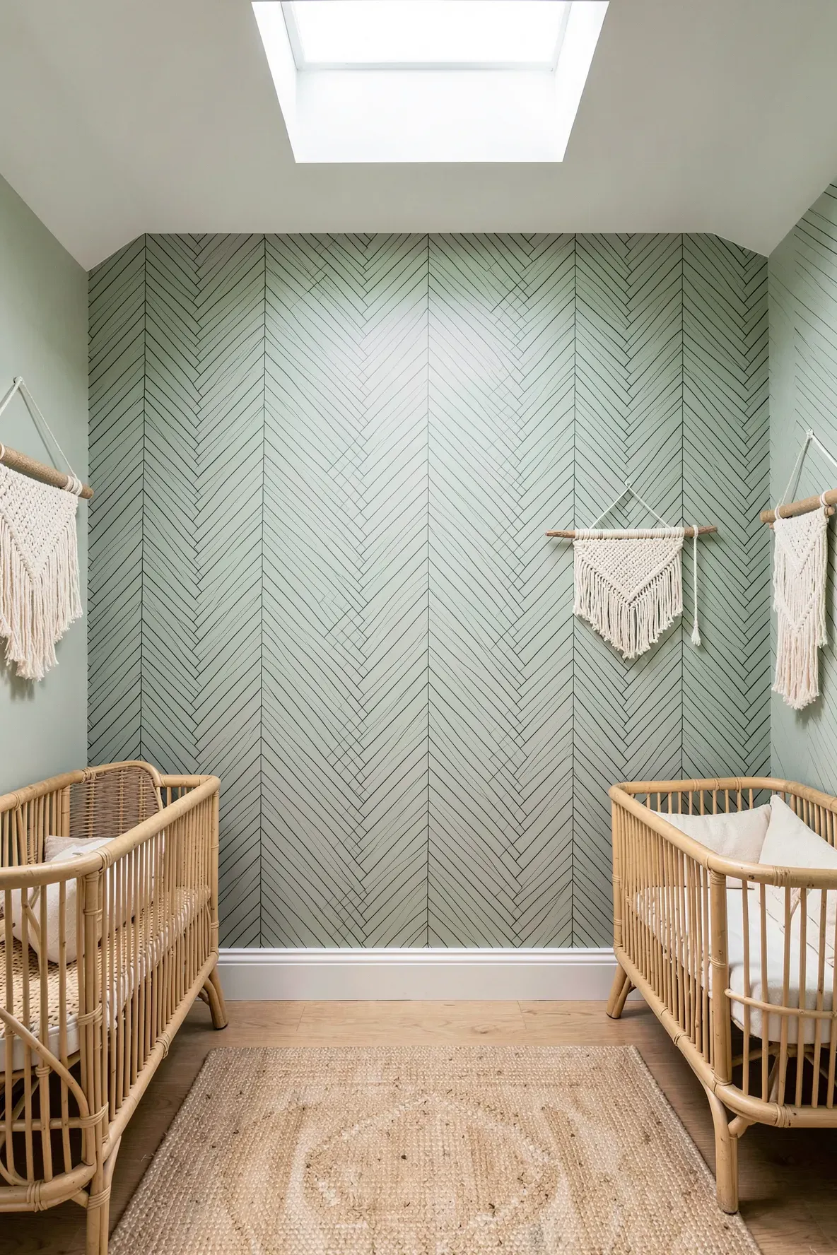 A sage green herringbone patterned accent wall in a nursery with rattan furniture.