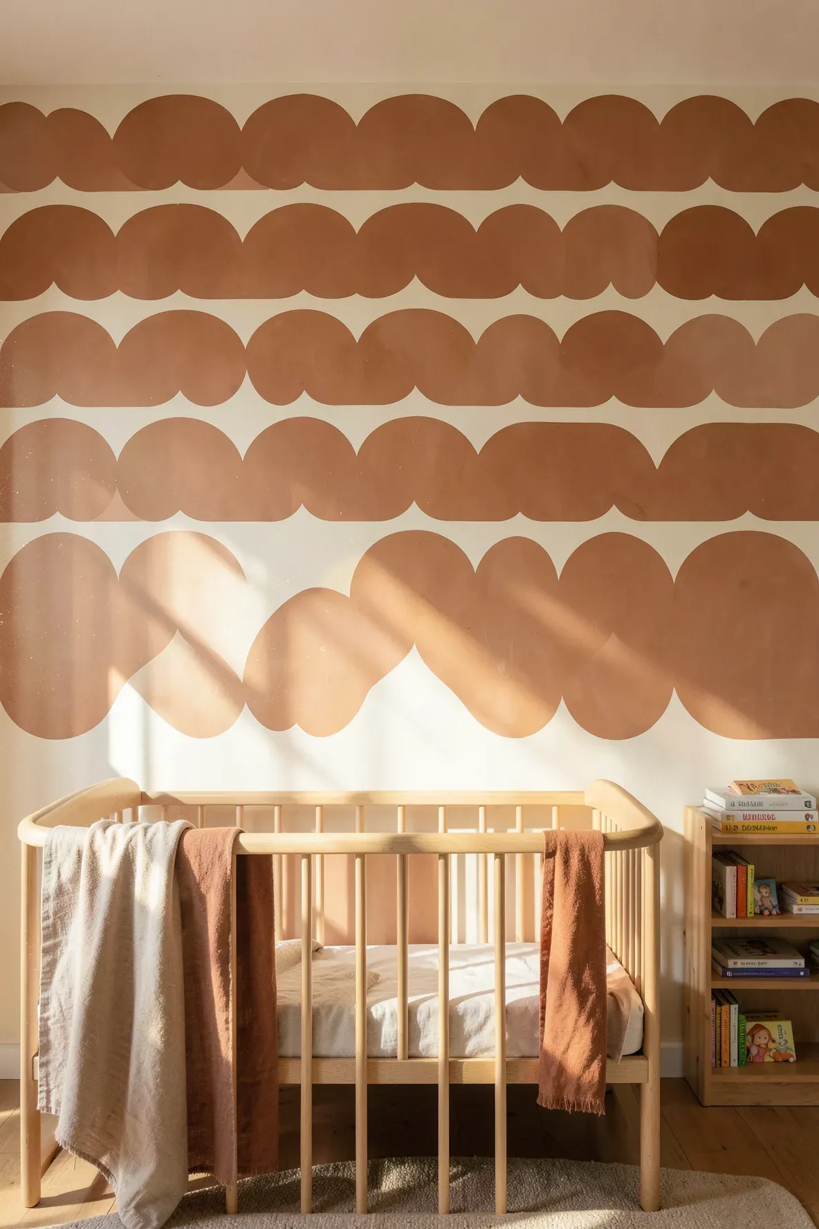 Terracotta half-circle geometric wall design in a warm, cream-colored baby room.