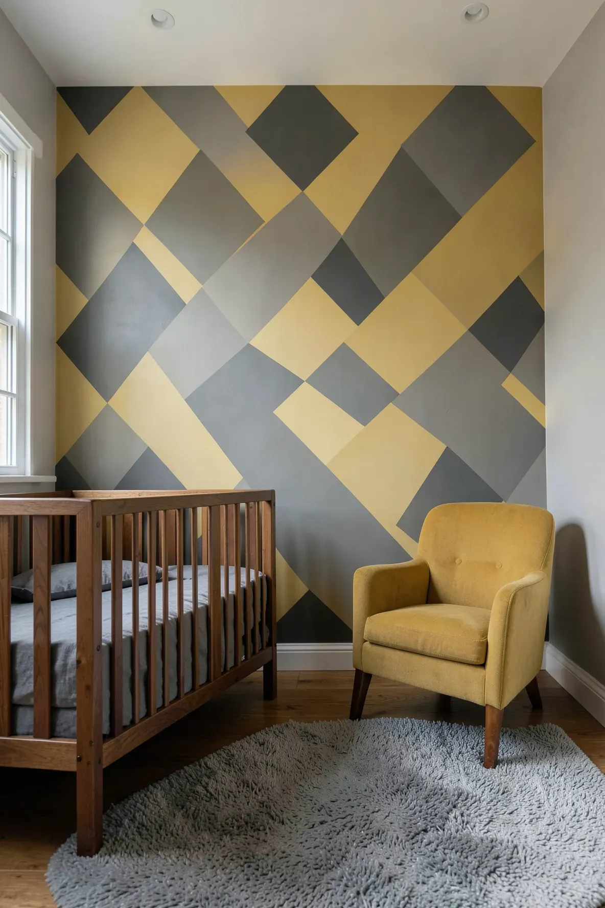 Overlapping mustard yellow and grey diamond patterns on a mid-century modern nursery wall.