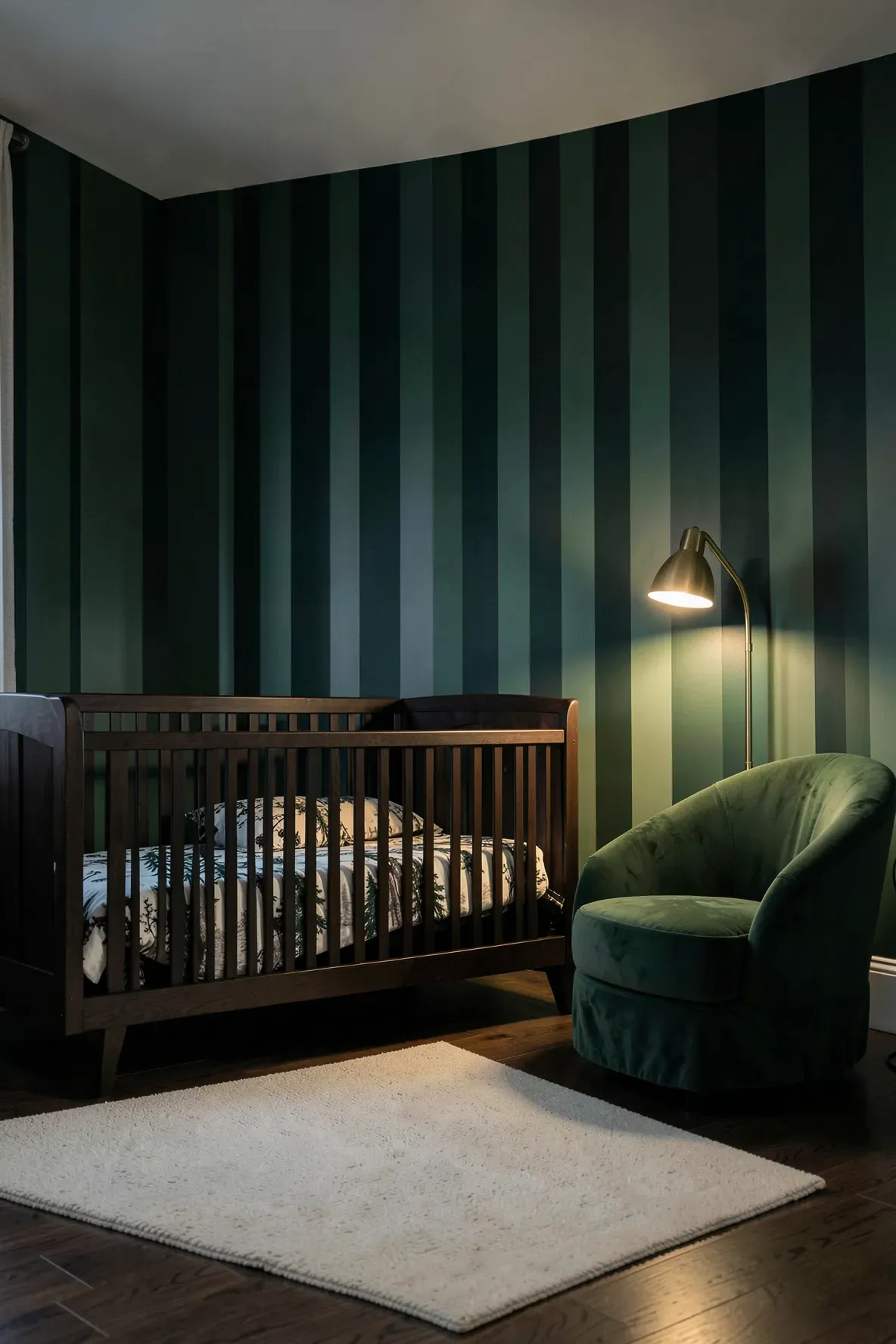 Deep forest green vertical stripes on a nursery accent wall with dark wood furniture.