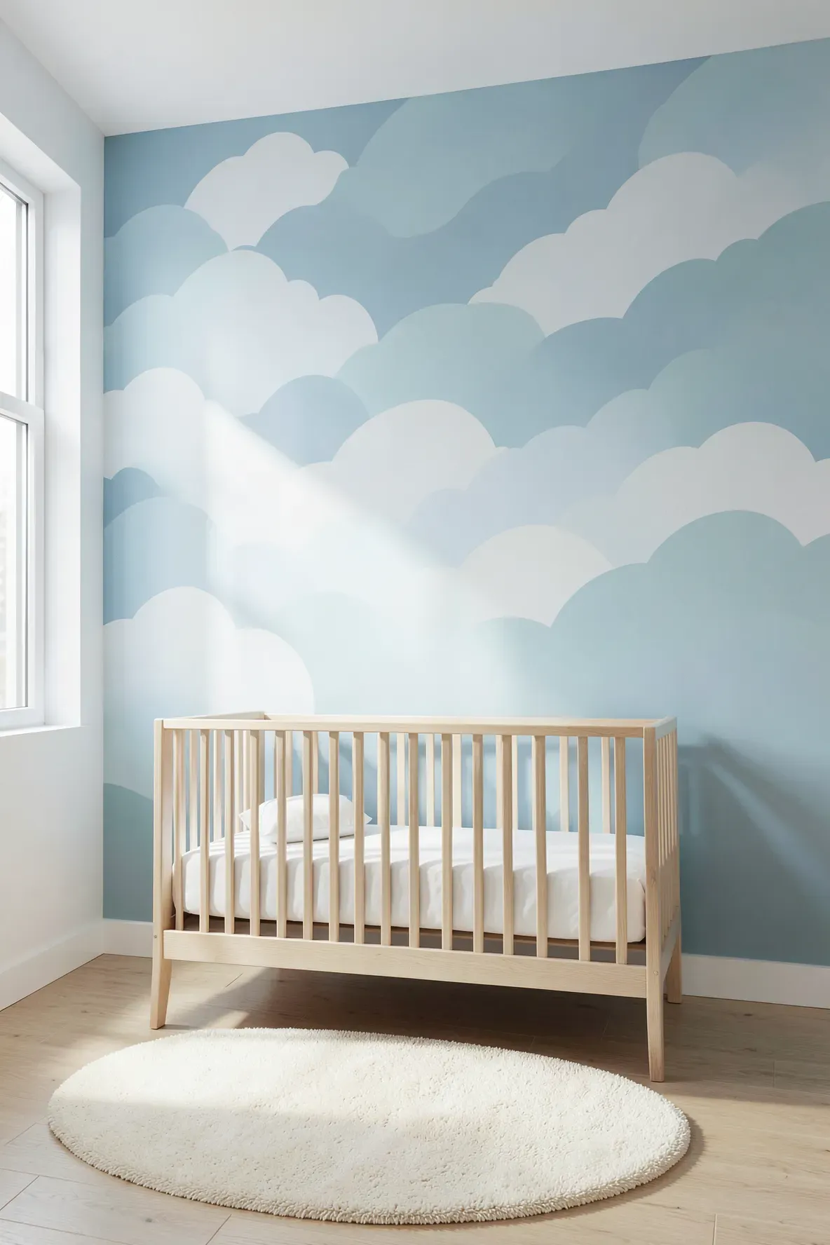A modern nursery with a light blue wall featuring rounded geometric cloud designs behind a wood crib.
