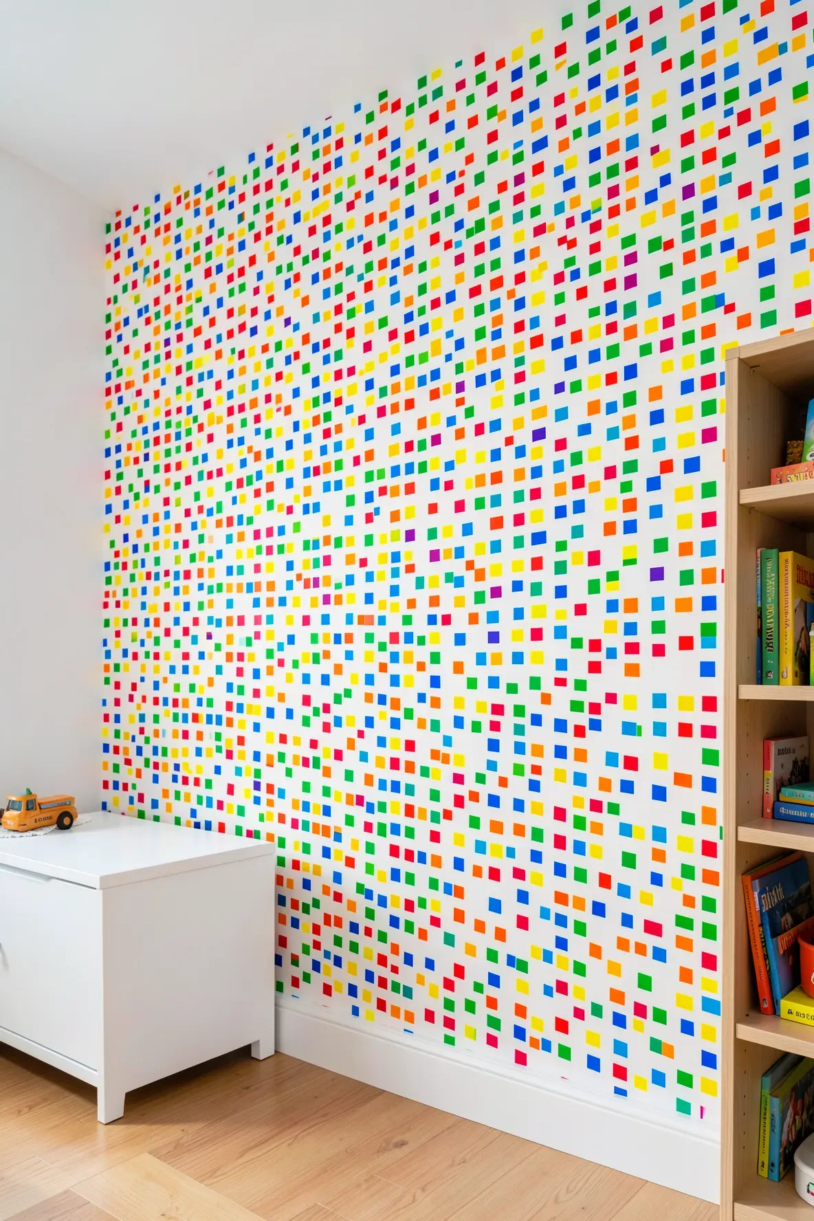 An accent wall in a kids' room decorated with scattered colorful geometric confetti squares.
