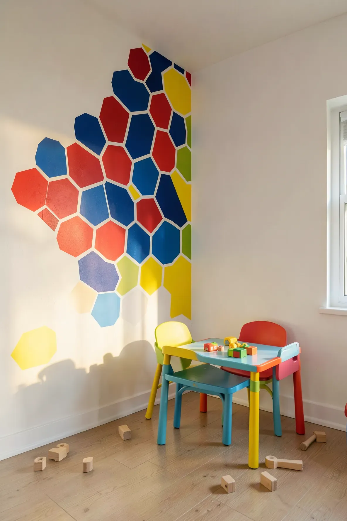 A toddler room wall with red, blue, and yellow hexagons in a honeycomb pattern breaking away.
