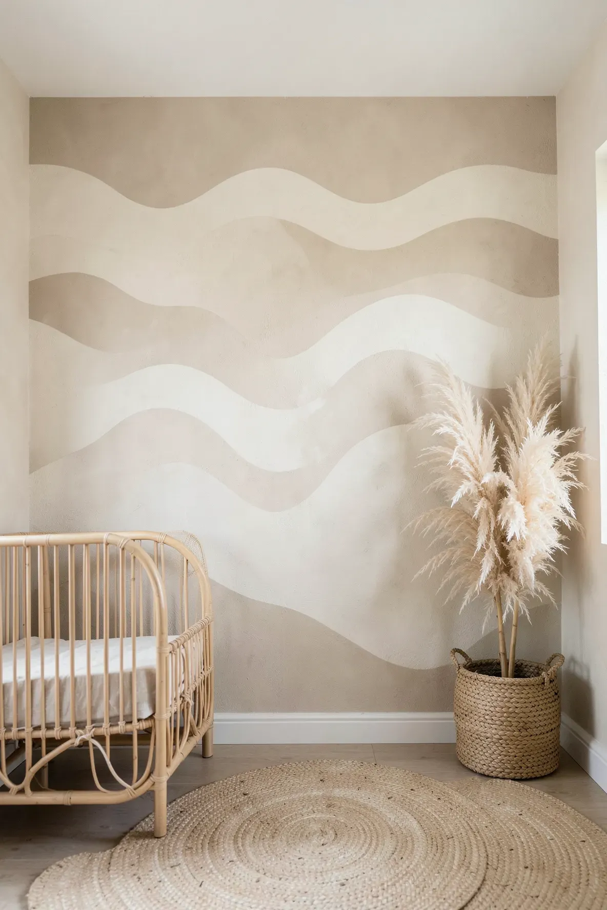 A neutral nursery wall with sand and cream wavy lines behind a rattan bassinet.
