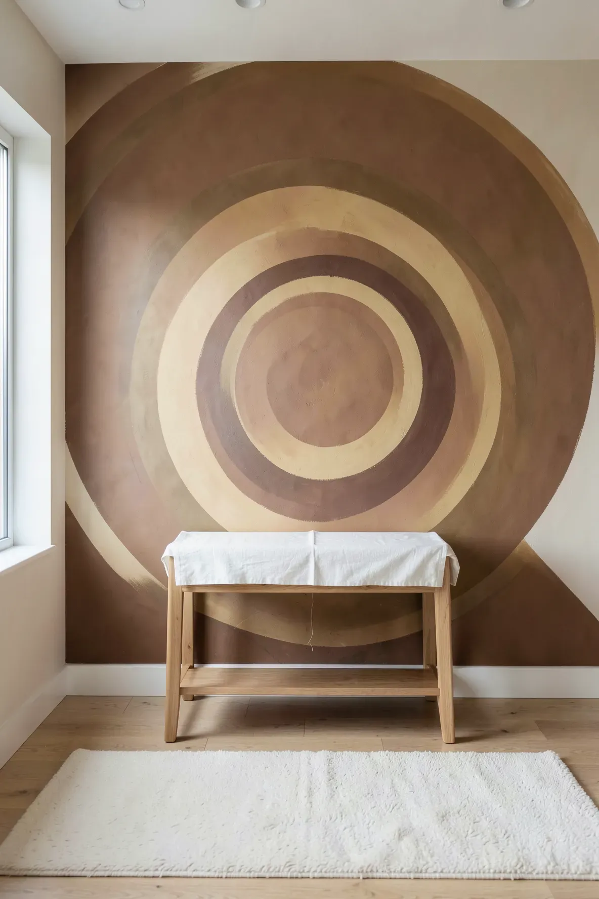 A modern nursery wall featuring large hand-painted concentric circles in clay and ochre tones.
