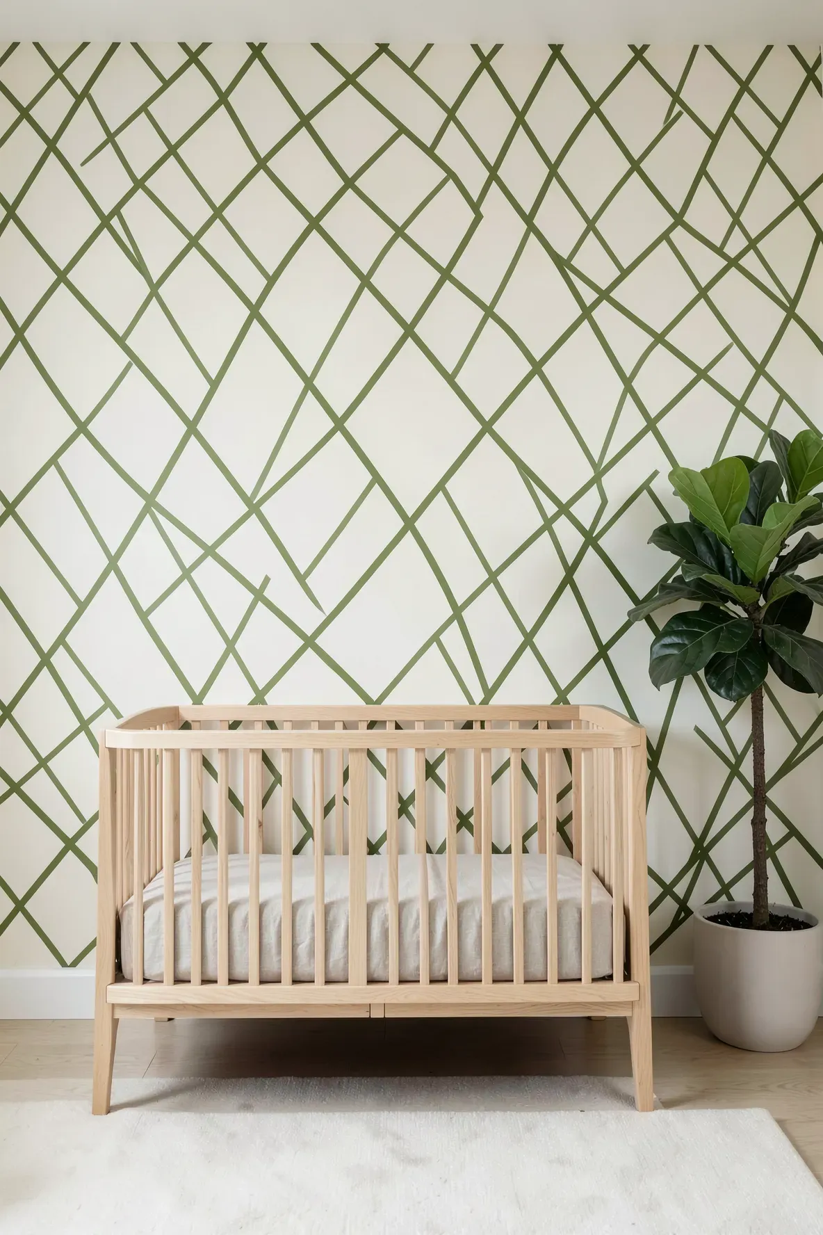 An olive green trellis pattern on a cream wall behind a natural wood crib in a nursery.