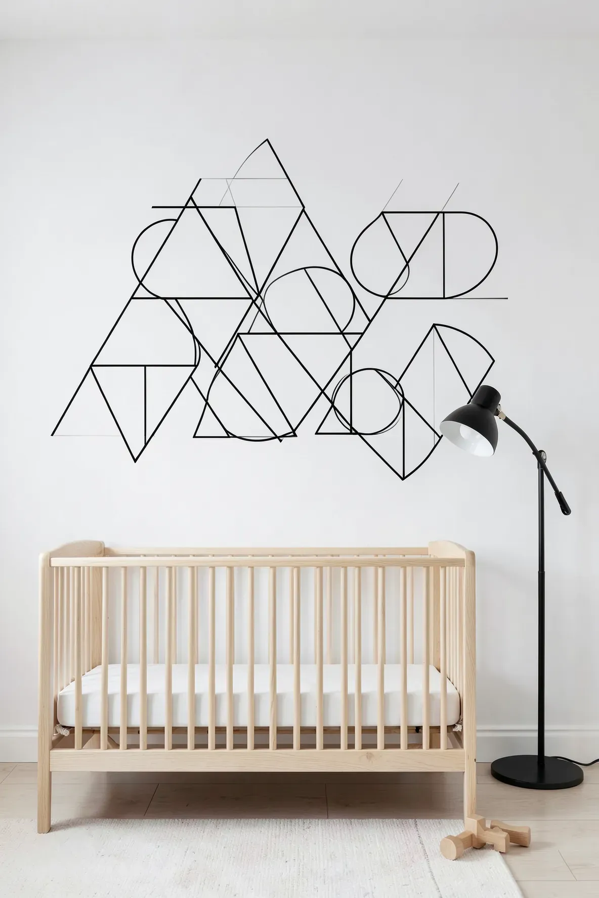 Thin black line art geometric shapes on a white wall in a minimalist Scandinavian nursery.
