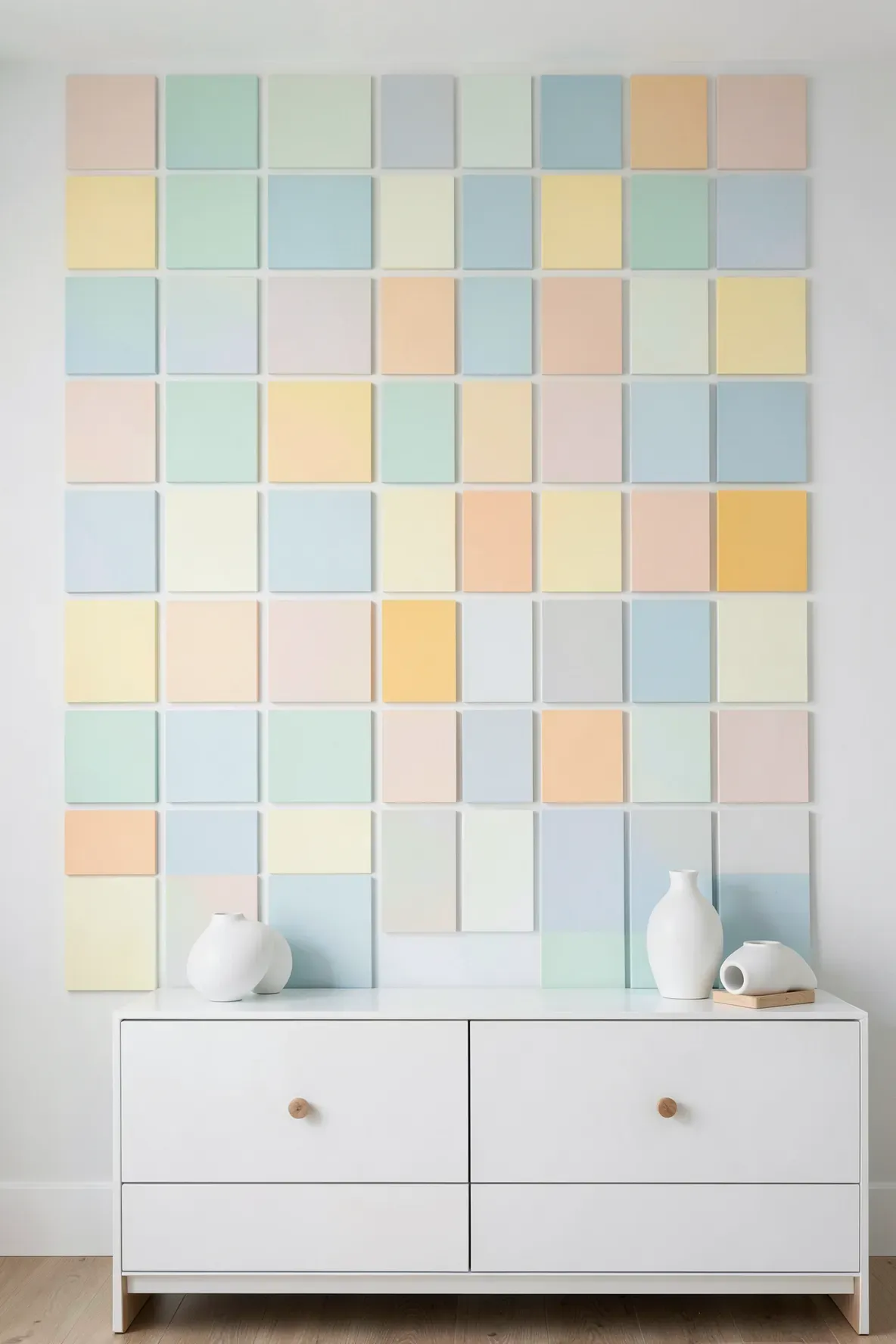 A grid of assorted pastel rectangles in various sizes on a modern nursery accent wall.