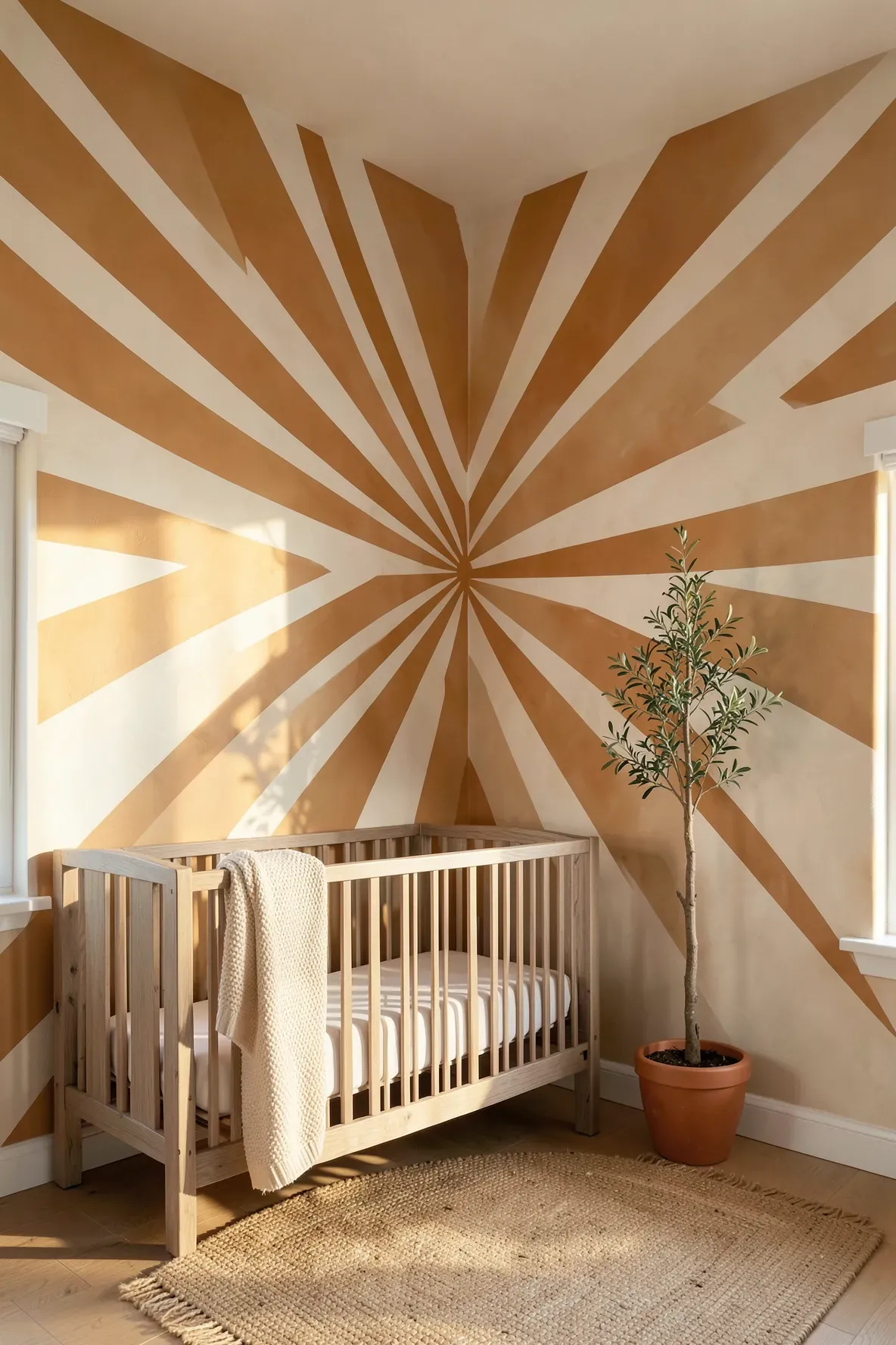 A nursery wall featuring a large ochre and white sunburst pattern behind a light wood crib.