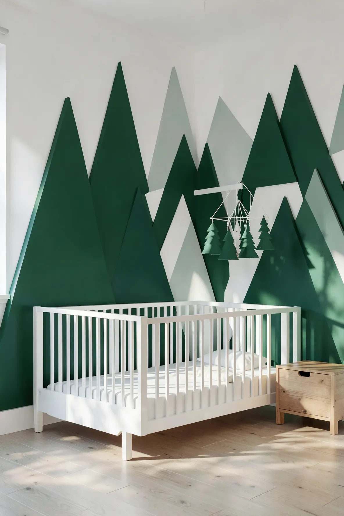 Emerald green and white triangular geometric trees painted on a nursery accent wall.