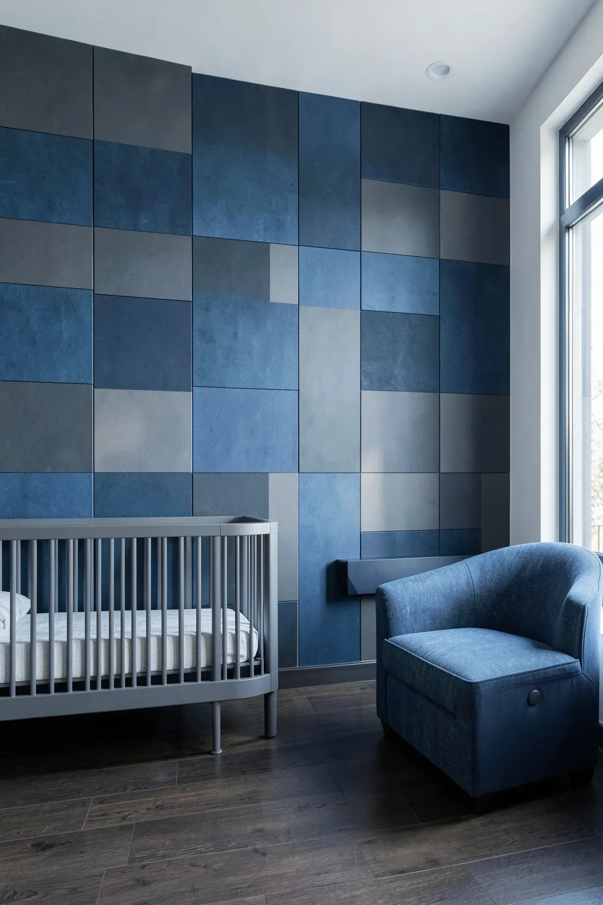 A modern boys' nursery with an accent wall of interlocking denim blue and slate grey geometric blocks.