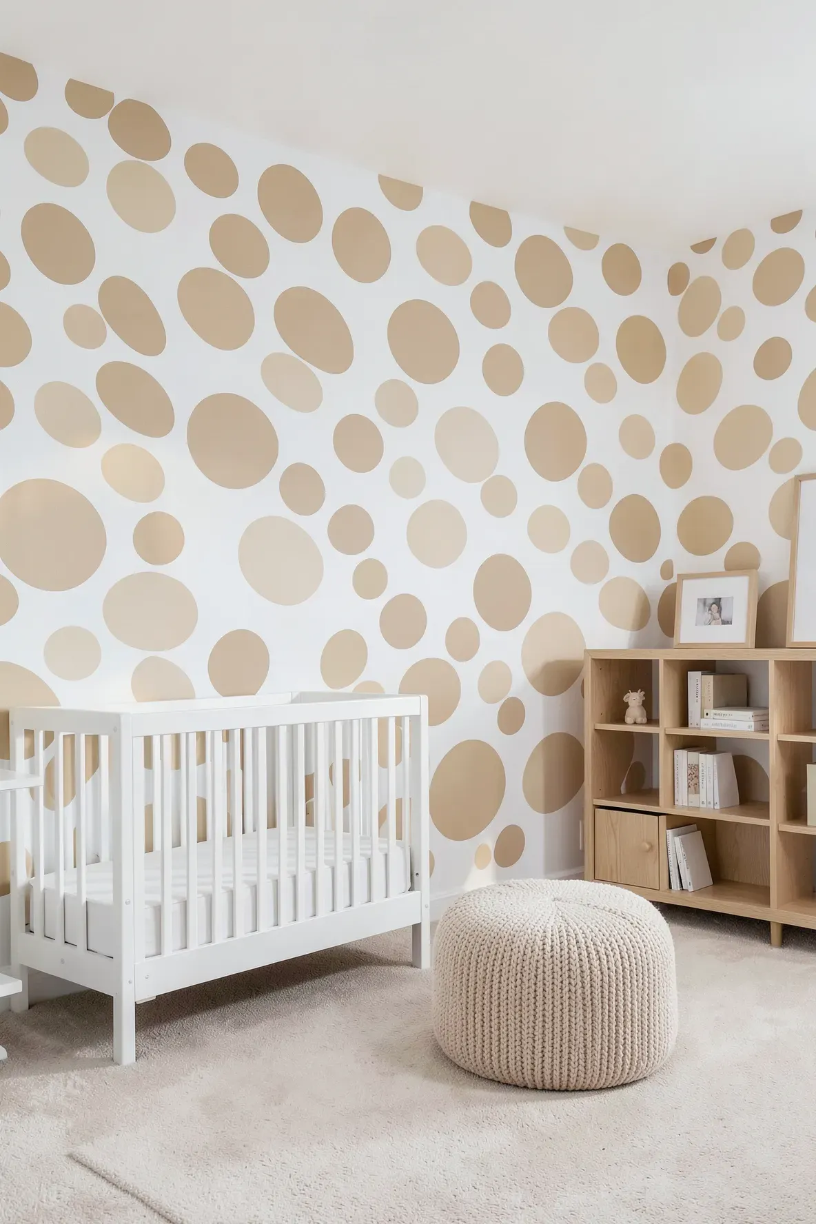 Large-scale warm beige polka dots on a white nursery wall behind a modern white crib.