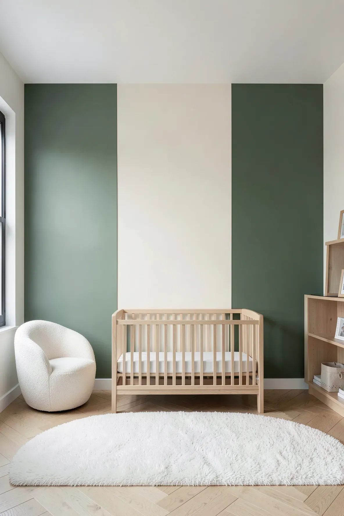 A modern nursery with a sage green and cream vertical color block accent wall behind a wooden crib.