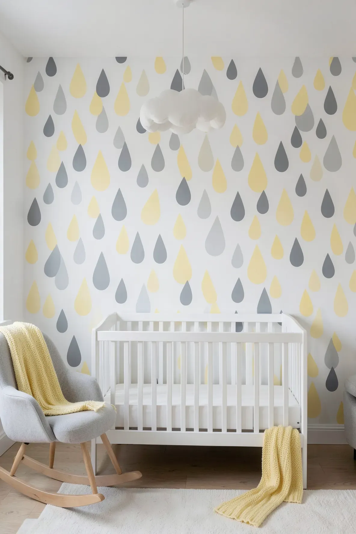 A nursery wall with a soft yellow and grey geometric raindrop pattern behind a white crib.