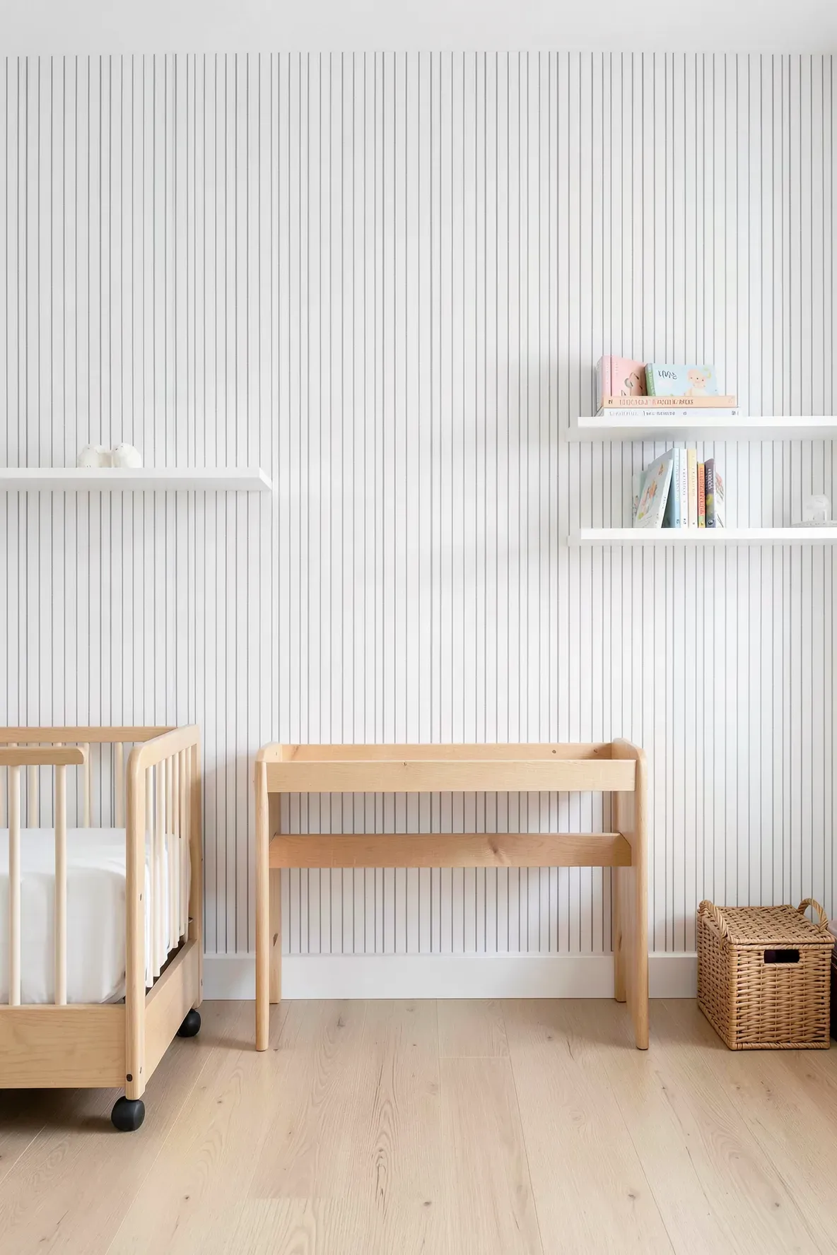 A minimalist nursery wall with a subtle grey and white pinstripe pattern and wooden furniture.
