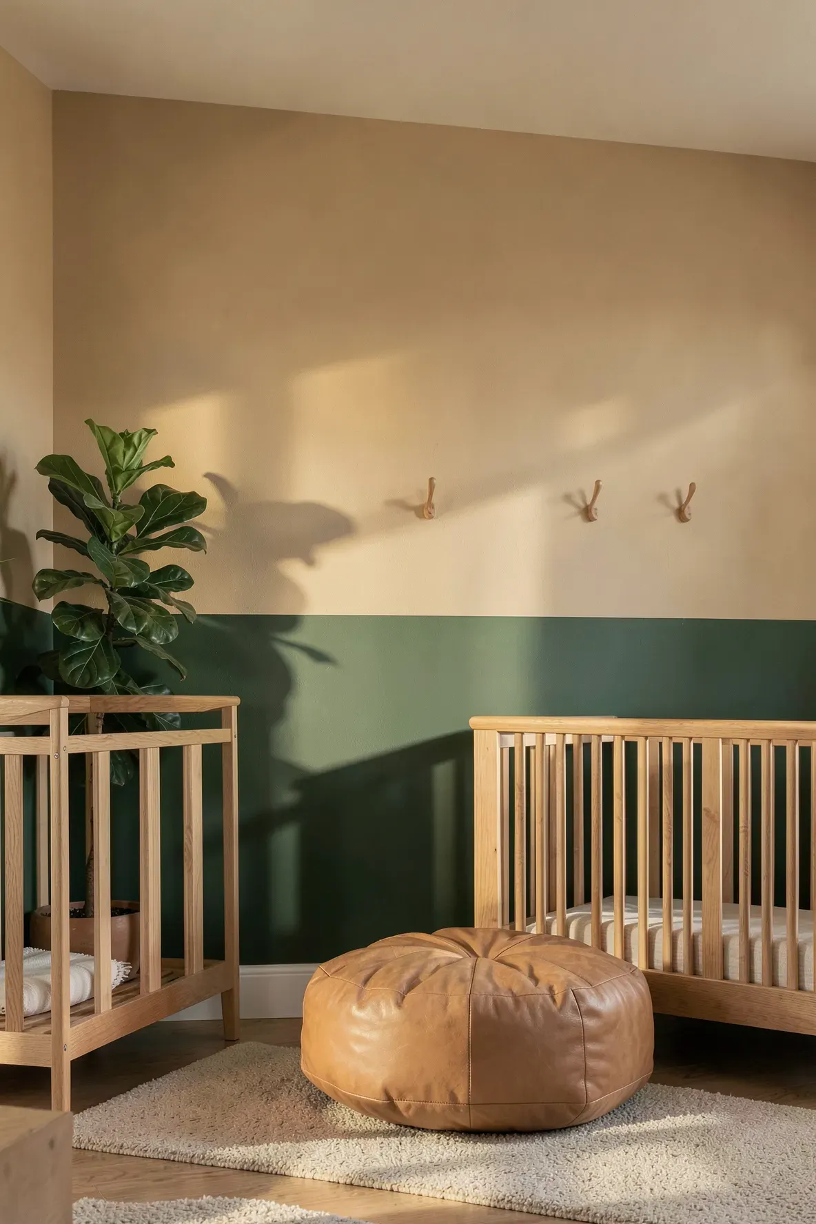 A nursery wall split horizontally with forest green on the bottom and tan on the top.