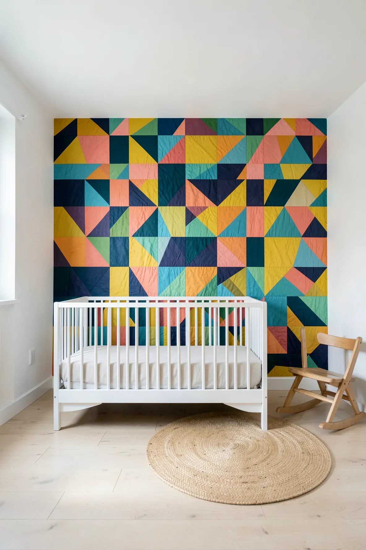 A modern nursery with a colorful geometric patchwork accent wall behind a white crib.