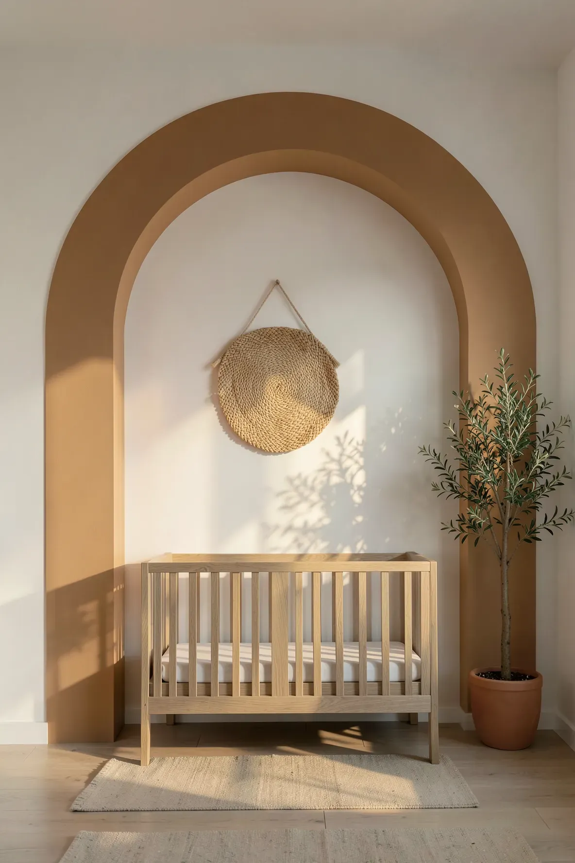 A warm tan painted archway framing a wooden crib on a white nursery wall.