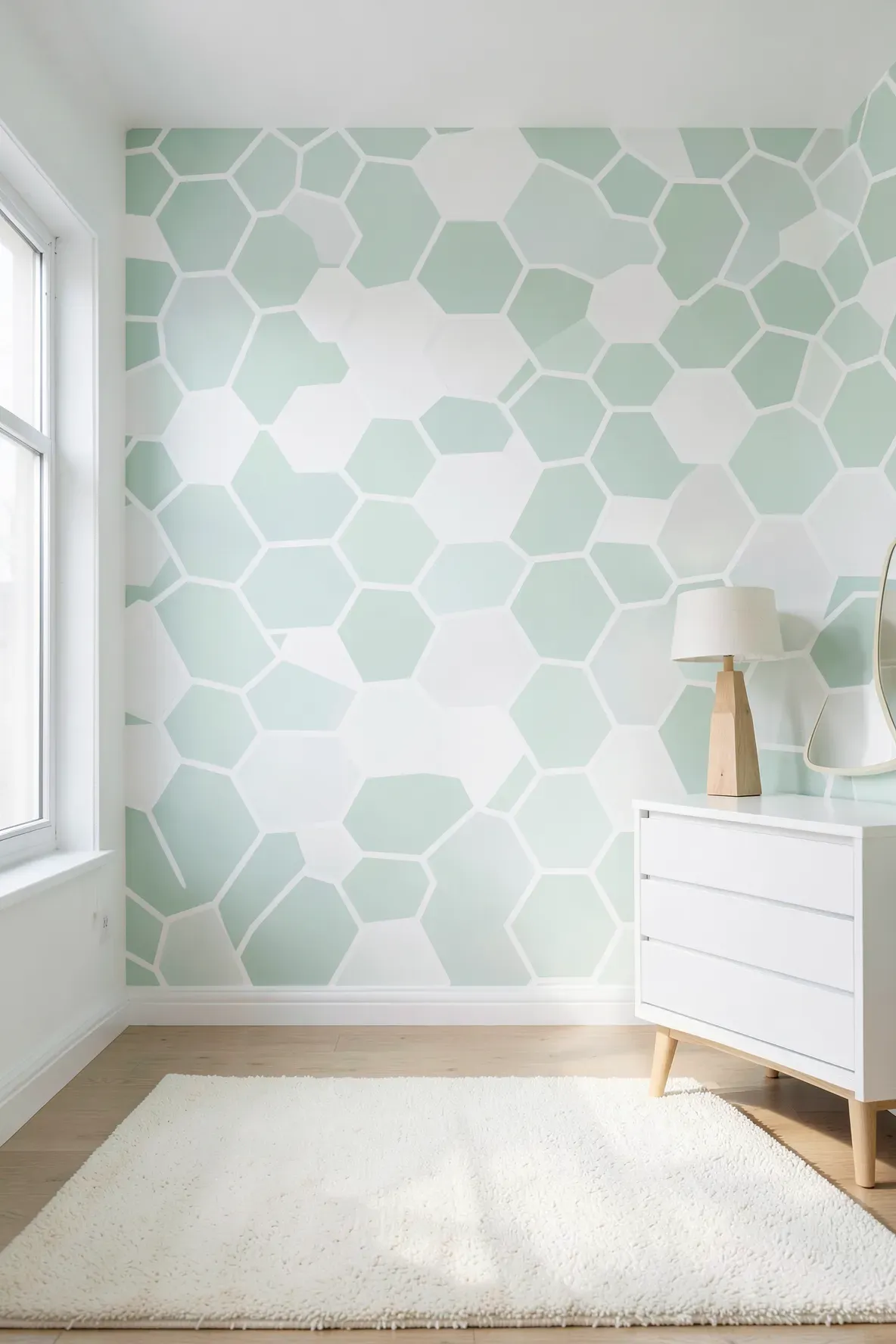 A pale mint and white honeycomb geometric pattern on a bright nursery wall.