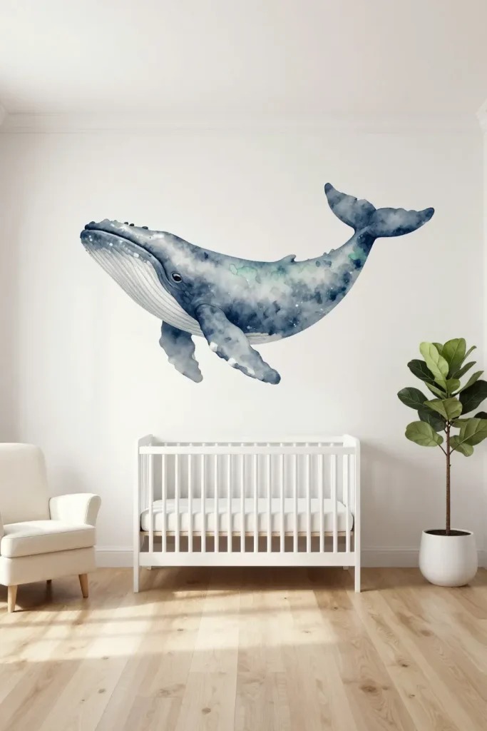 A serene nursery featuring a large watercolor whale mural behind a white crib with soft blue tones.