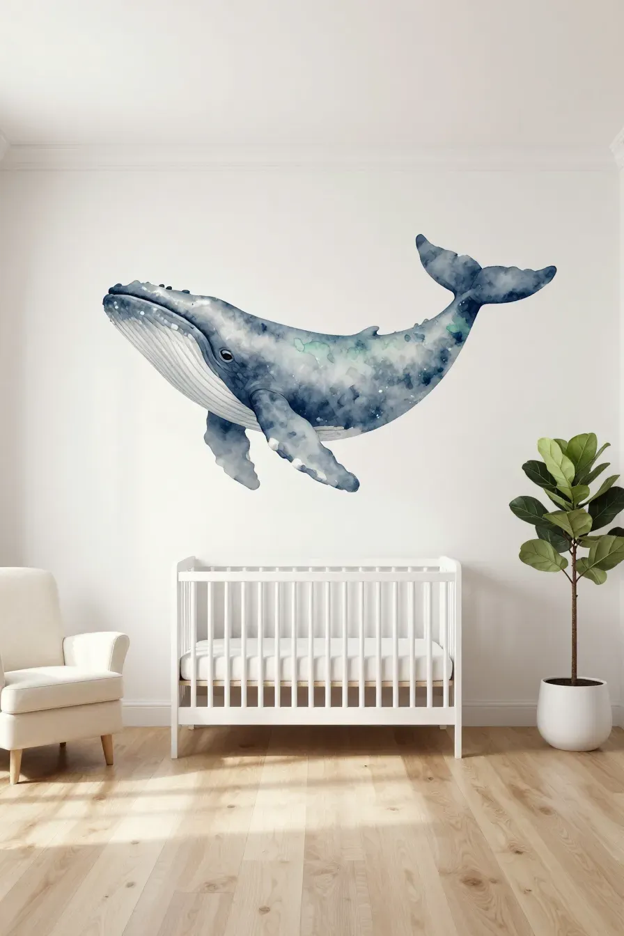 A serene nursery featuring a large watercolor whale mural behind a white crib with soft blue tones.