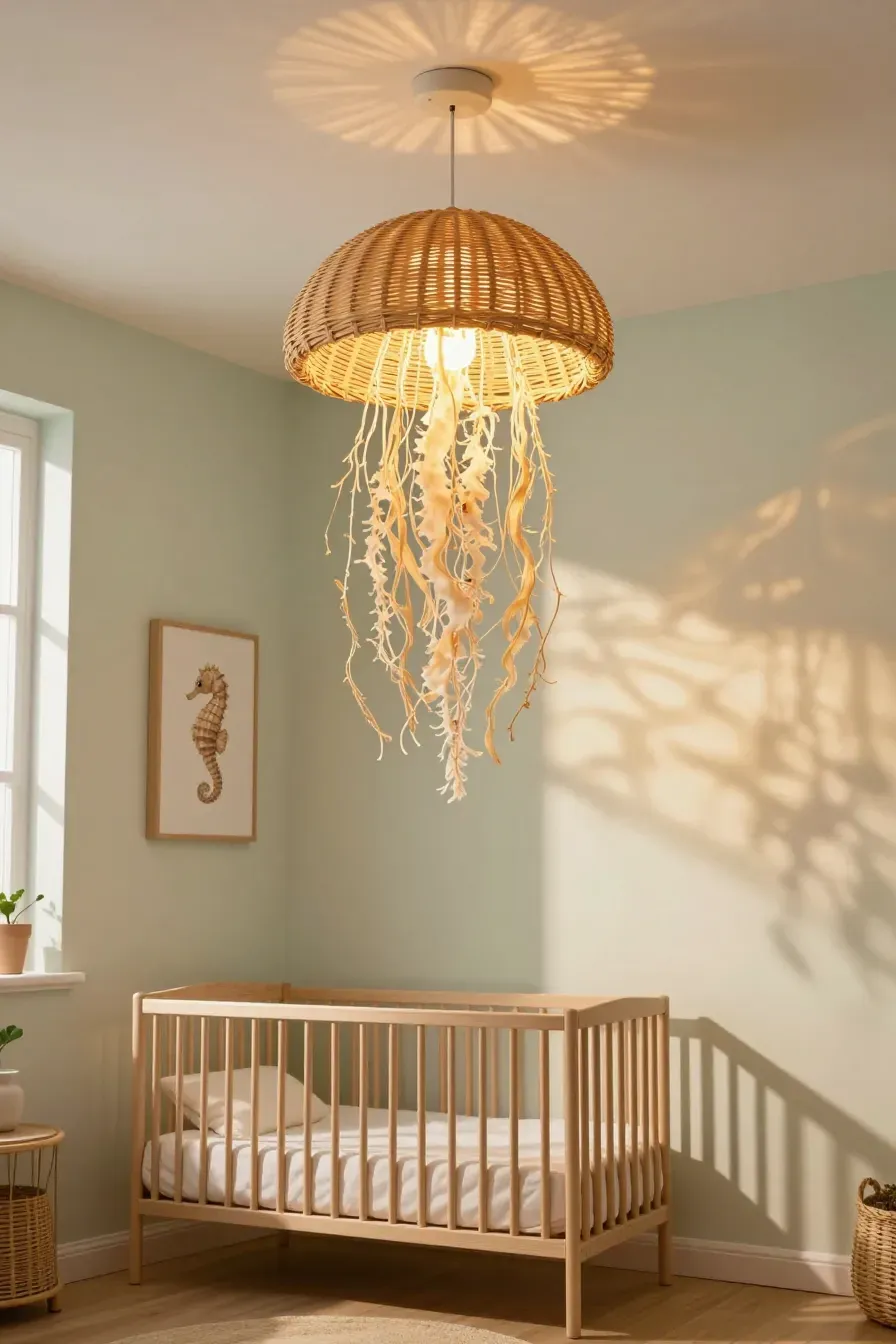 A woven rattan jellyfish-shaped pendant light hanging in a bright, coastal-themed baby nursery.