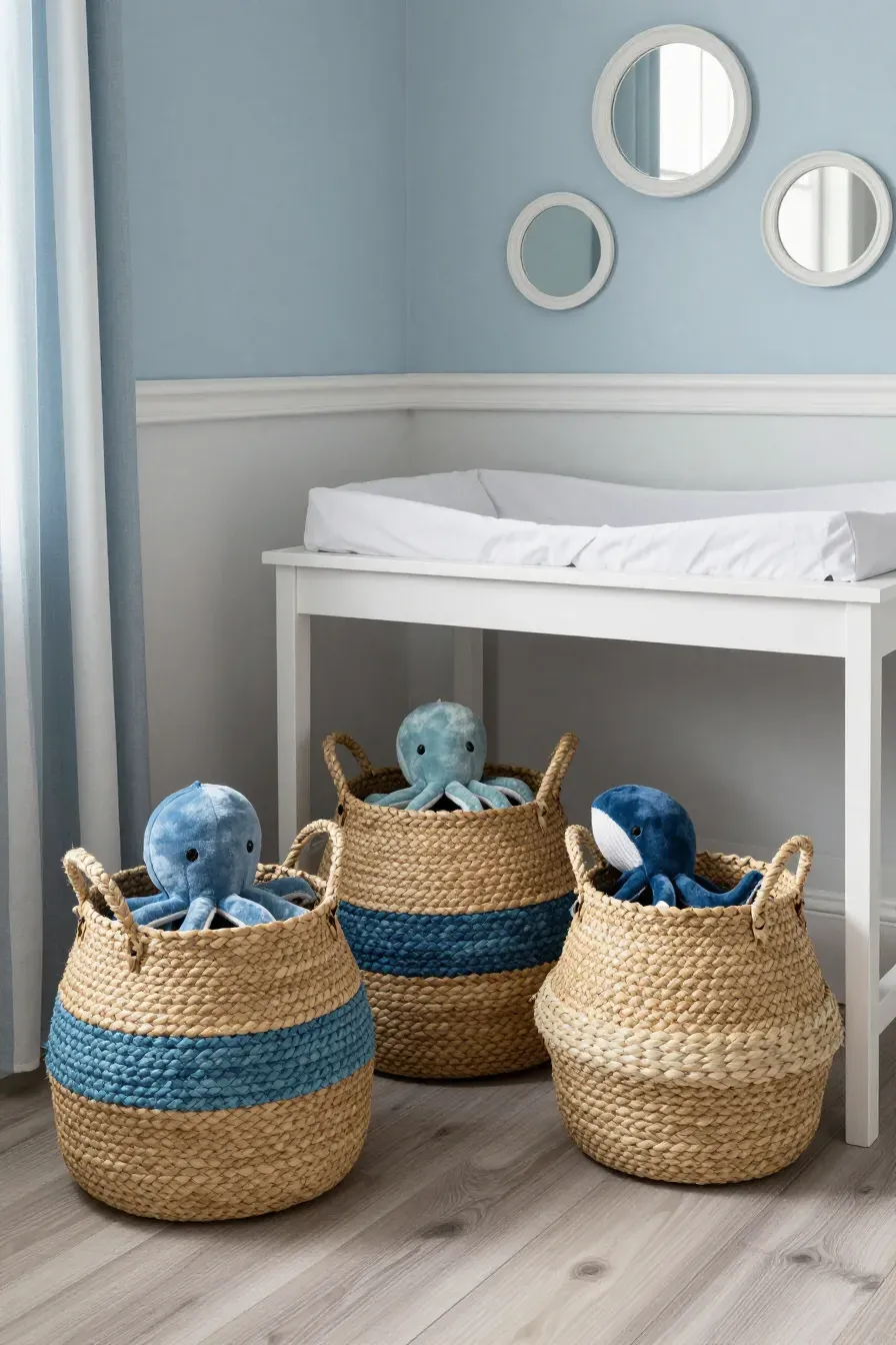 Woven seagrass baskets filled with toys in a blue and white ocean-themed nursery.