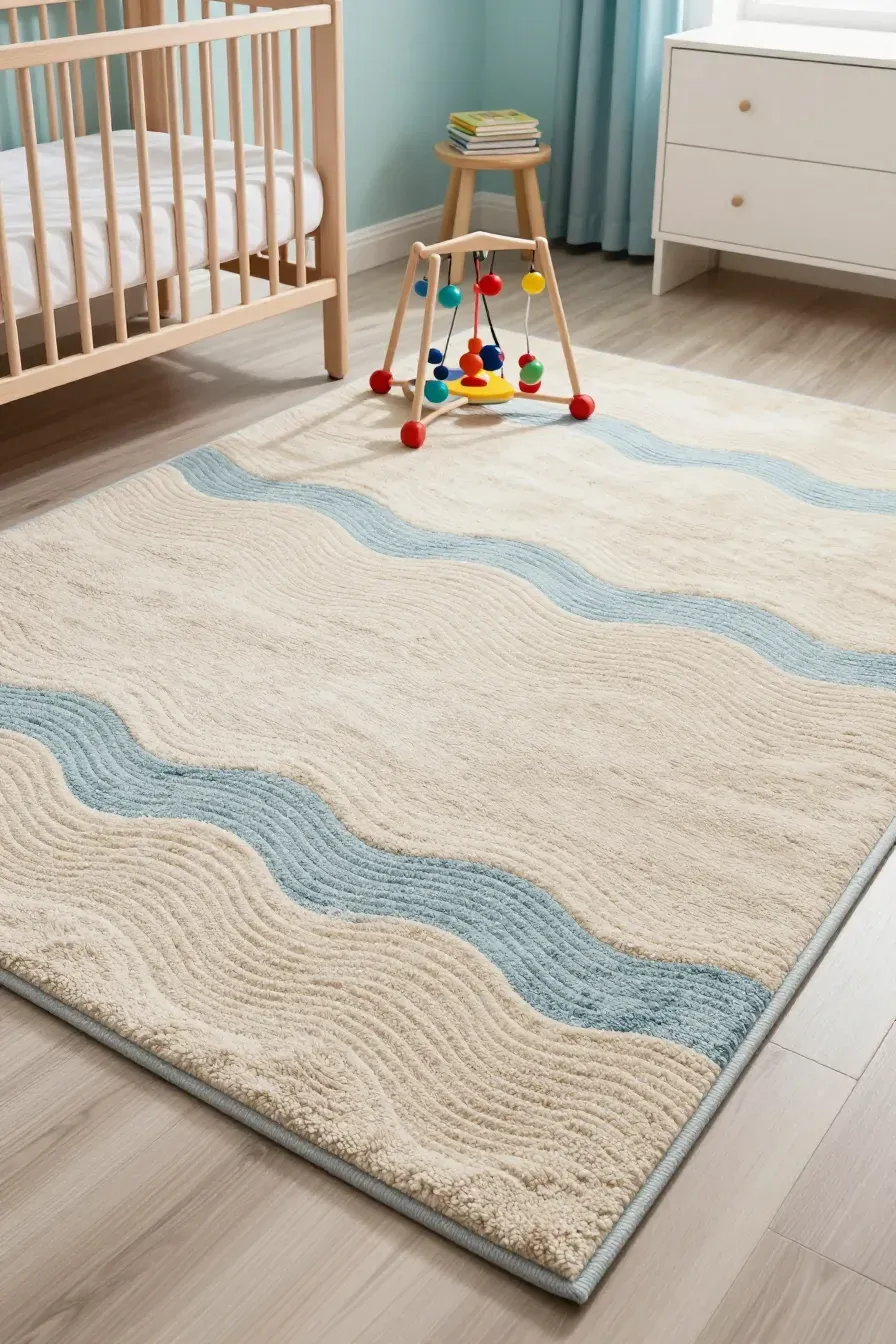 A large area rug with a textured wave pattern in a blue and beige underwater-themed nursery.