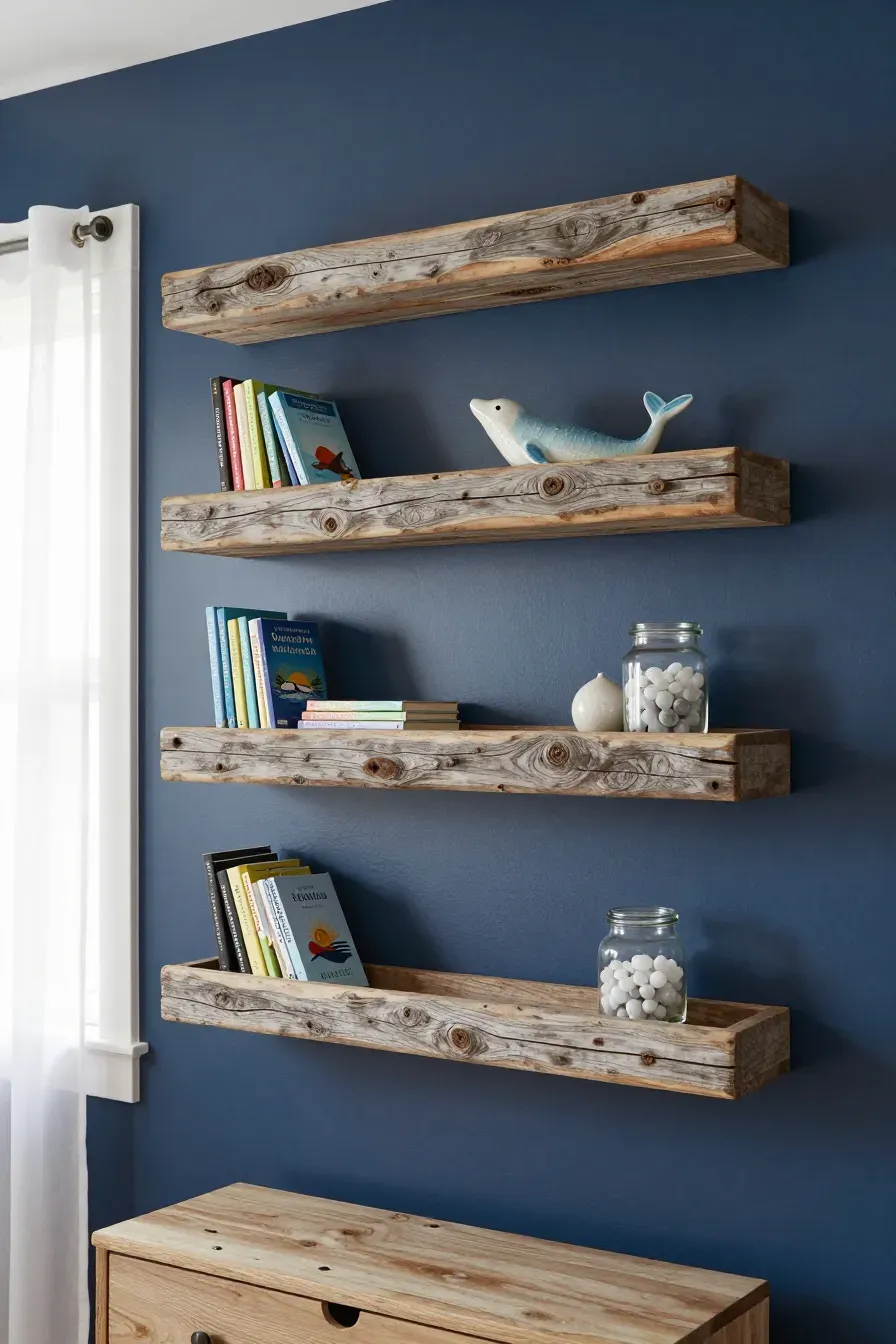 Rustic driftwood floating shelves on a navy blue wall in an ocean-themed baby room.