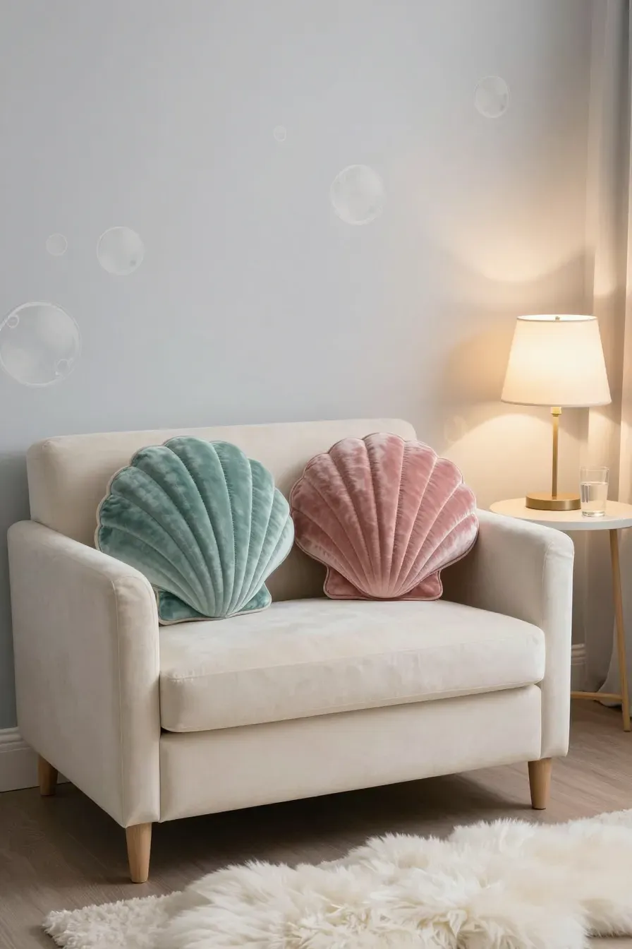 Soft velvet scallop shell-shaped pillows on a cream chair in a serene nursery.