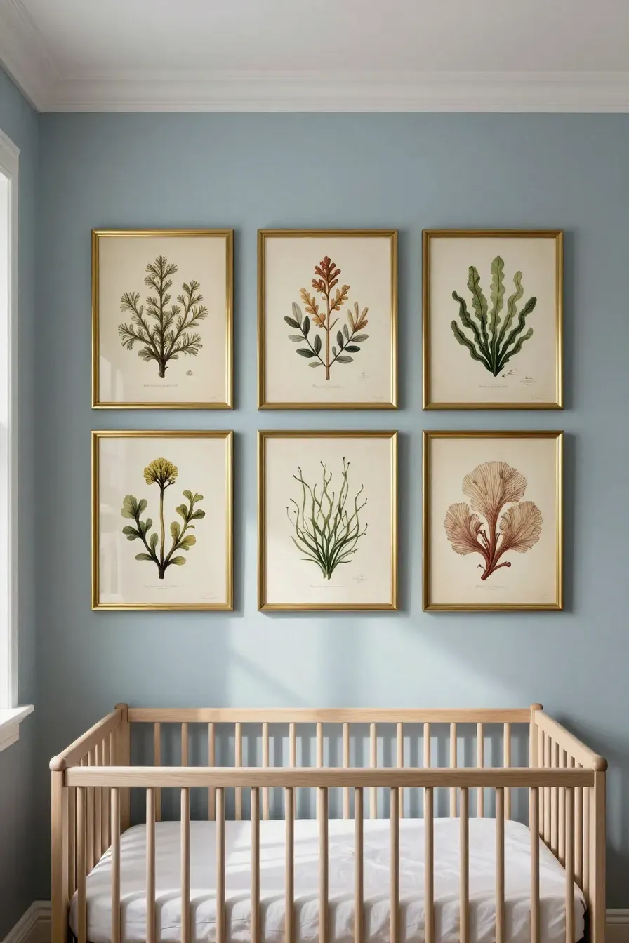 A gallery wall of six vintage seaweed botanical prints in gold frames above a light wood crib.