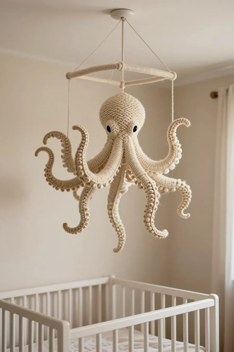 A cream-colored macrame octopus mobile with long tentacles hanging over a baby crib.