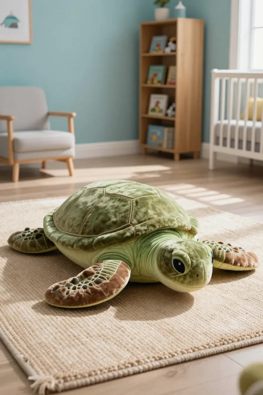 A large green and brown plush sea turtle cushion sitting on a jute rug in a blue nursery.