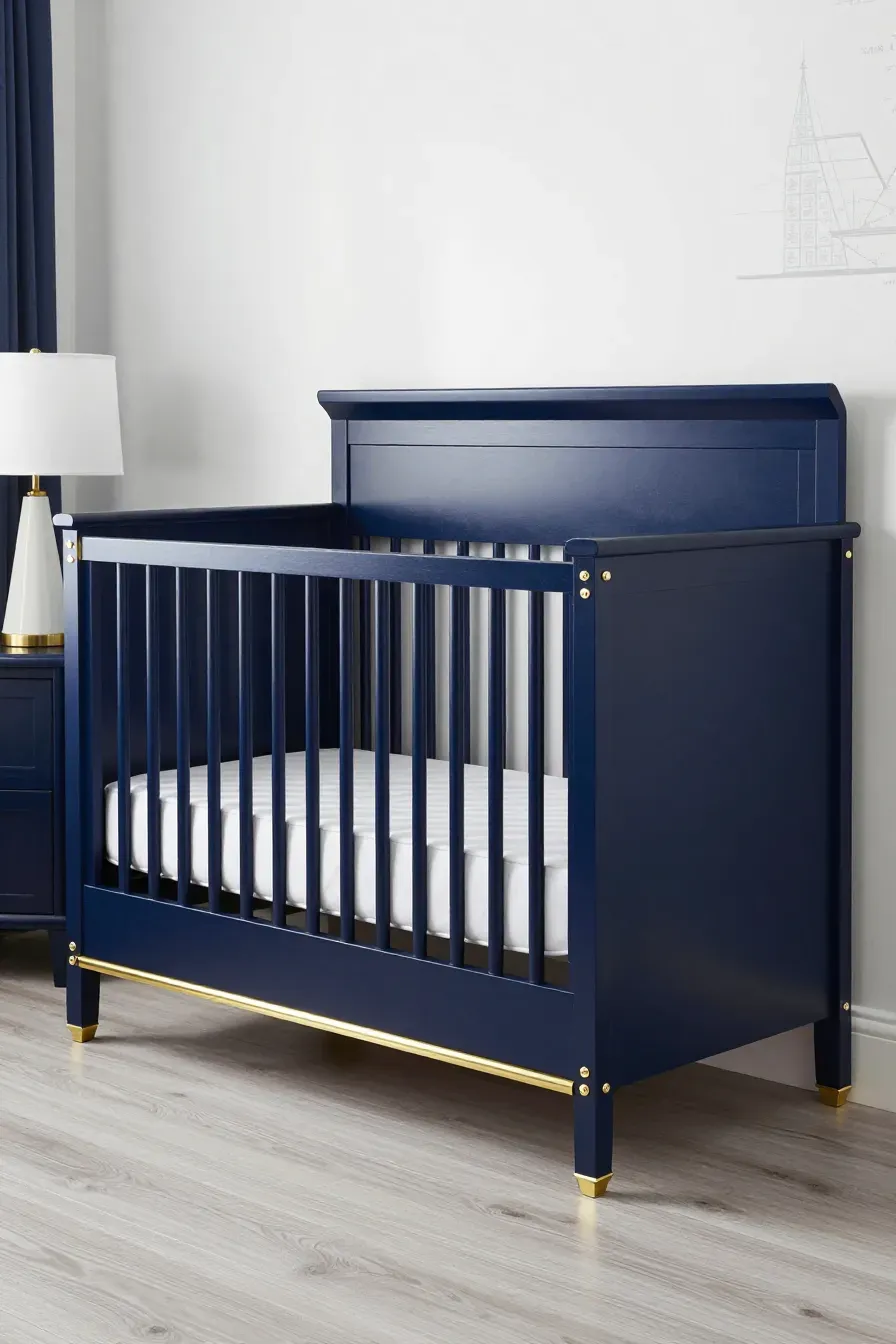 A luxury navy blue baby crib with gold brass hardware standing against a white wall.