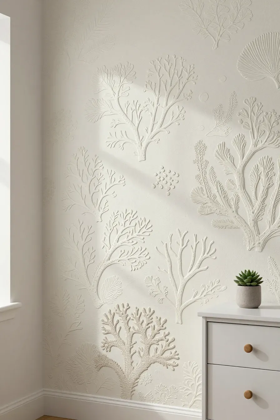 Close-up of white textured wallpaper with a coral pattern on a nursery accent wall.