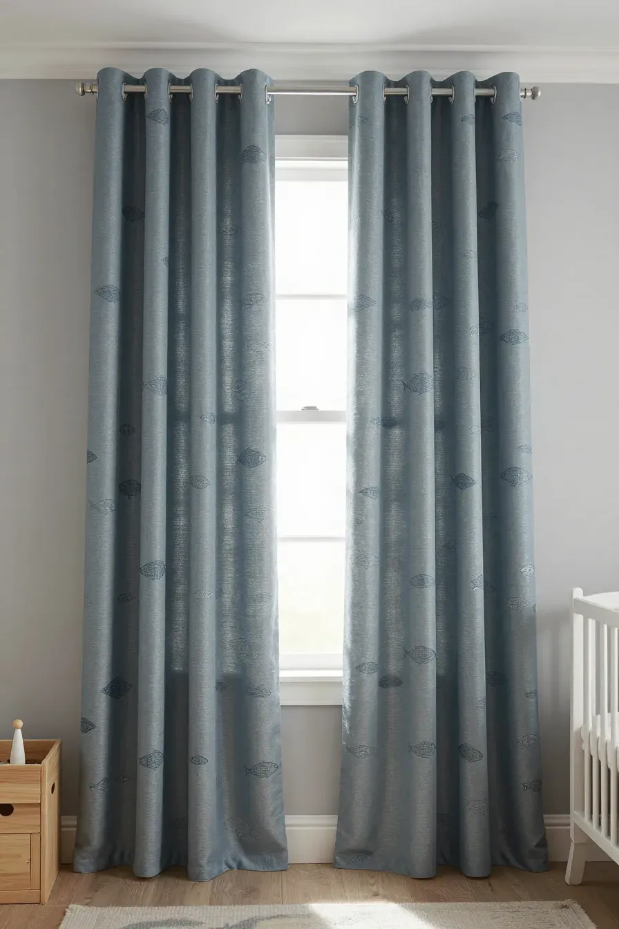 Slate blue blackout curtains with a subtle fish print hanging in a nursery window.