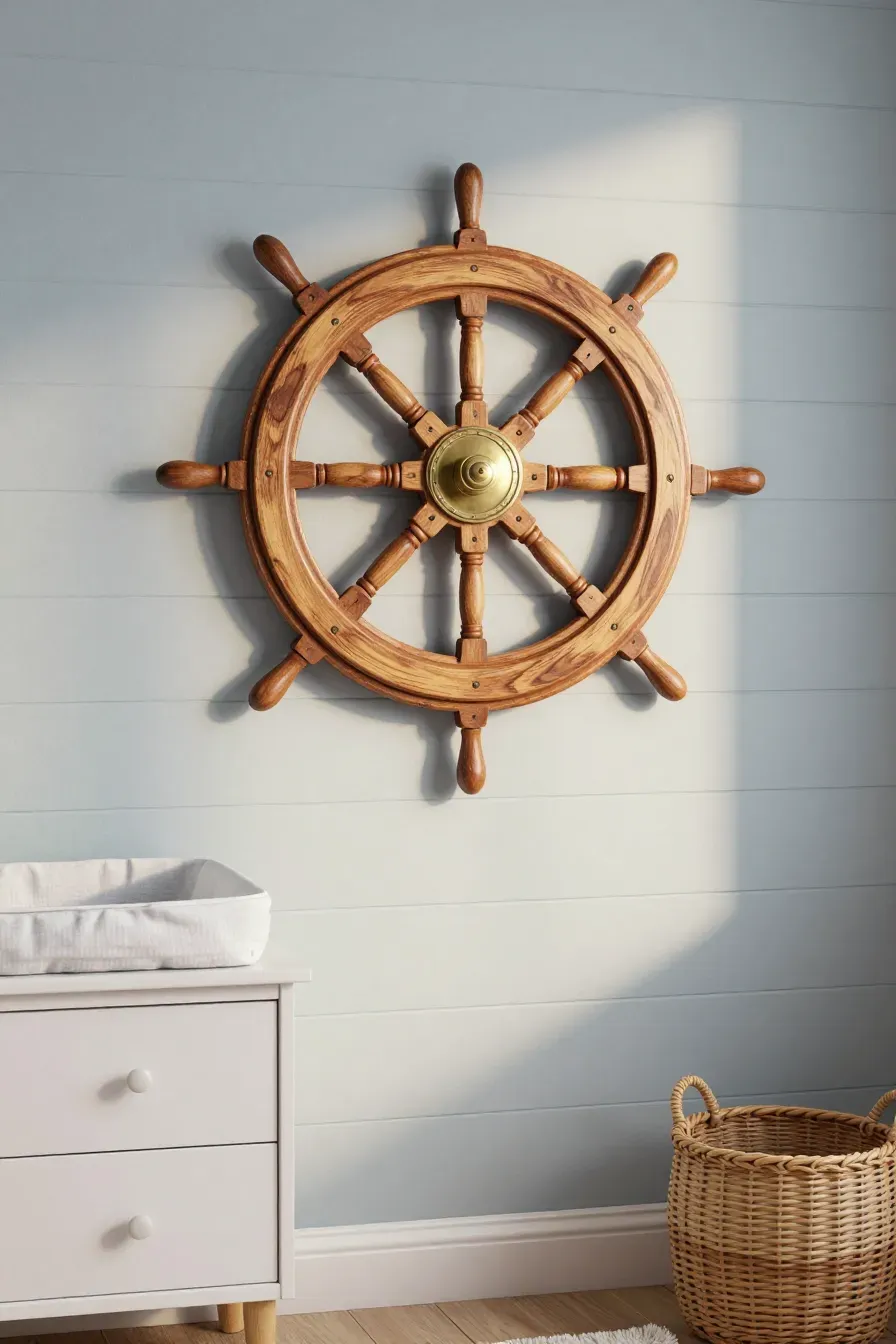 A wooden ship's wheel mounted on a light blue wall above a white changing table.
