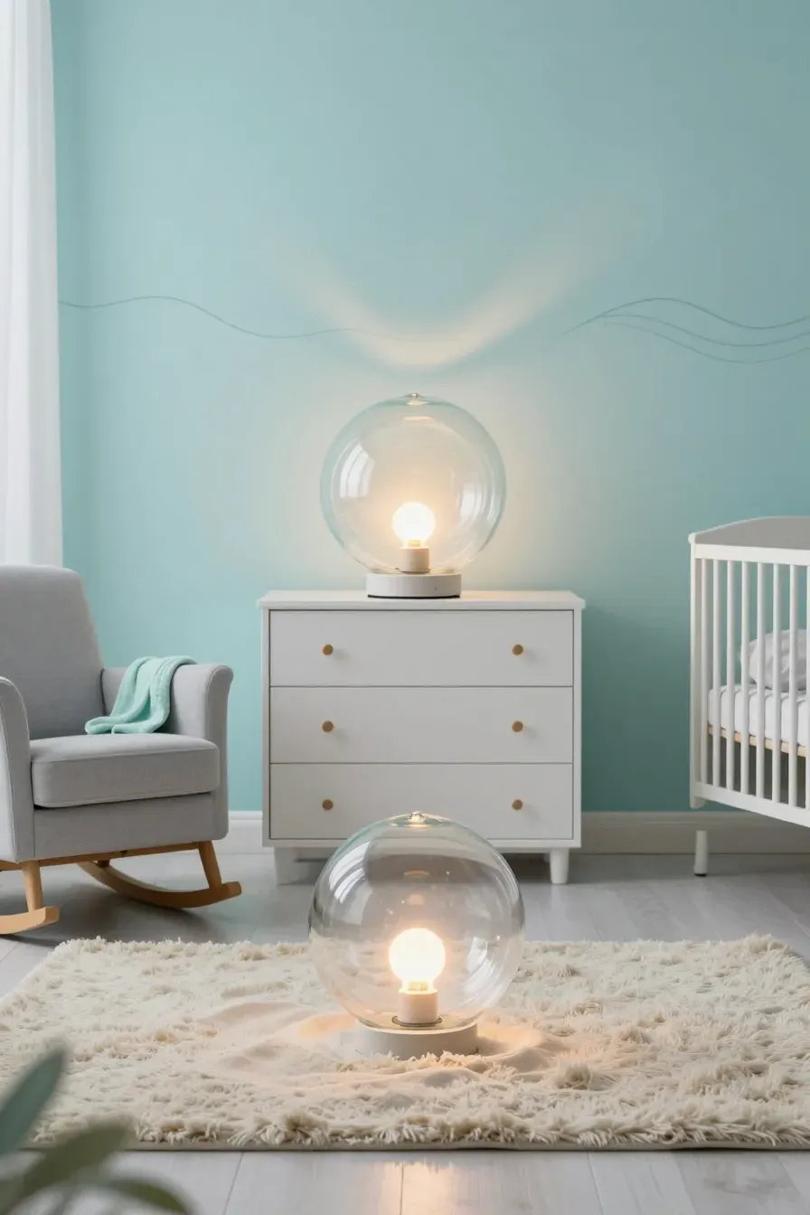 A serene nursery with a clear glass bubble lamp glowing warmly on a white dresser.
