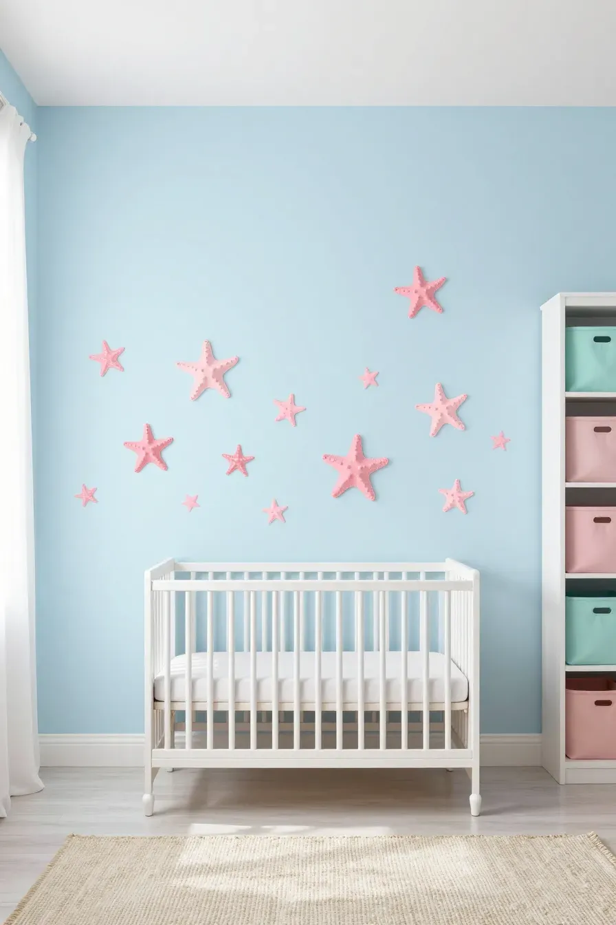 Pastel pink sea star decals on a soft blue wall behind a white baby crib.