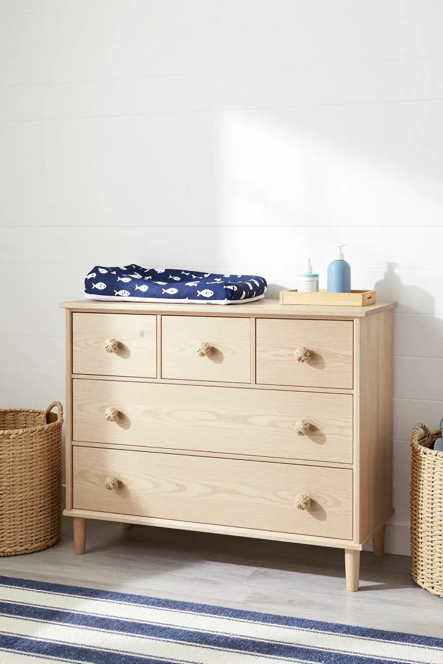 A light wood nursery dresser featuring nautical knotted jute rope drawer pulls.