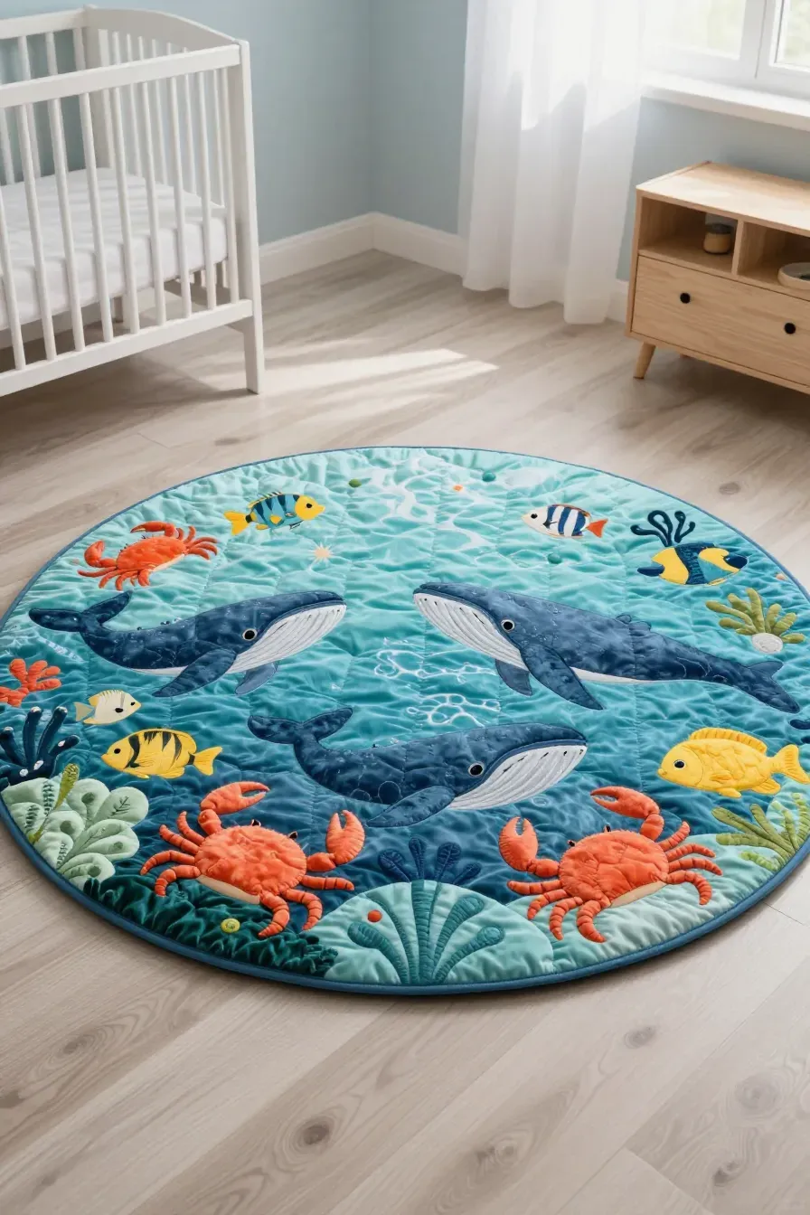 A colorful quilted play mat with sea creatures on a light wood nursery floor.