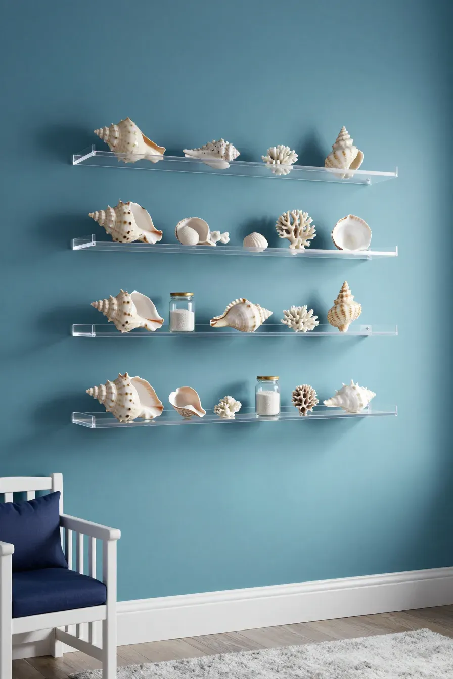 Clear acrylic floating shelves displaying seashells and coral on a blue nursery wall.
