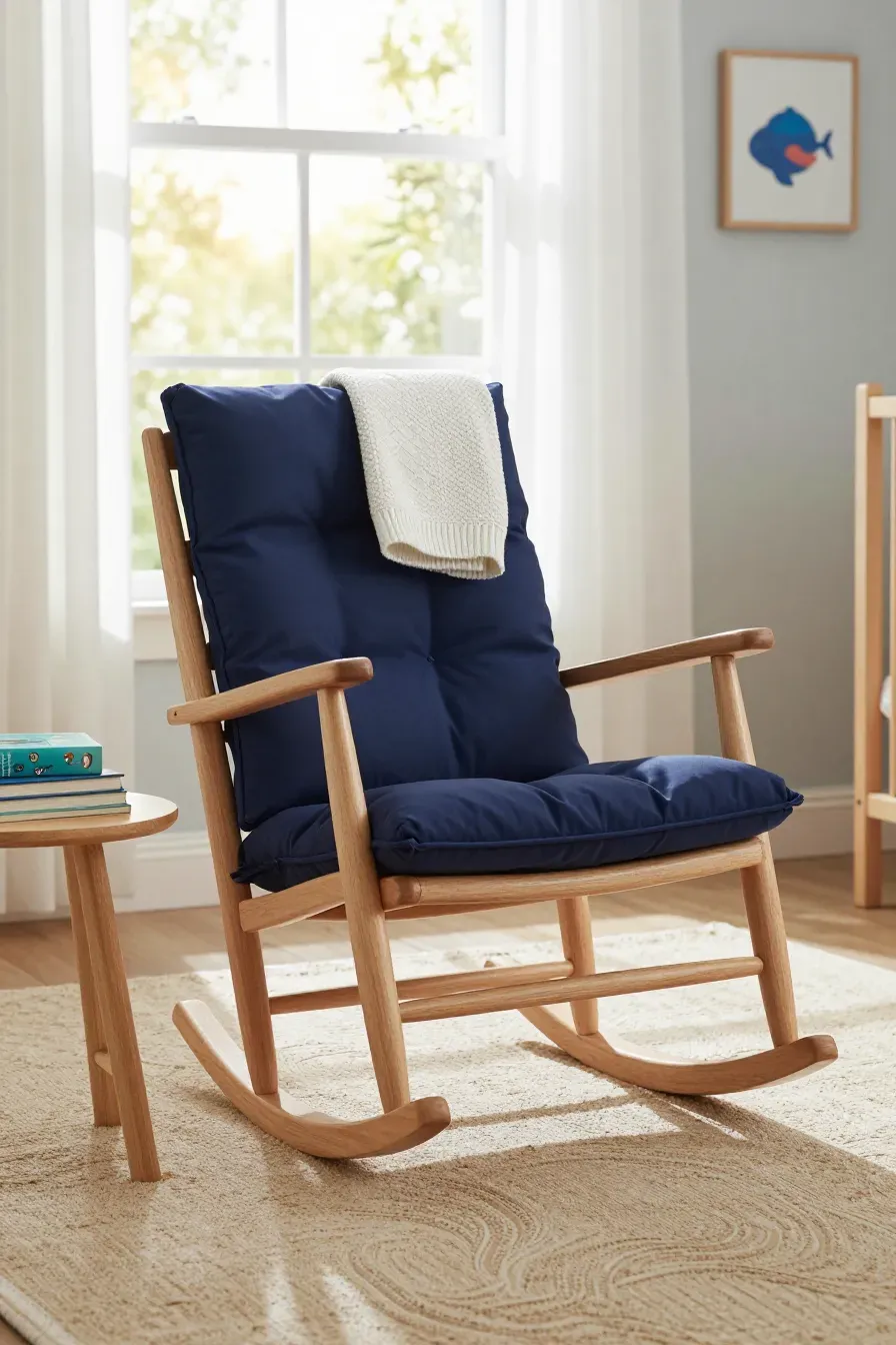 A light oak rocking chair with navy cushions in a sunlit nursery corner.