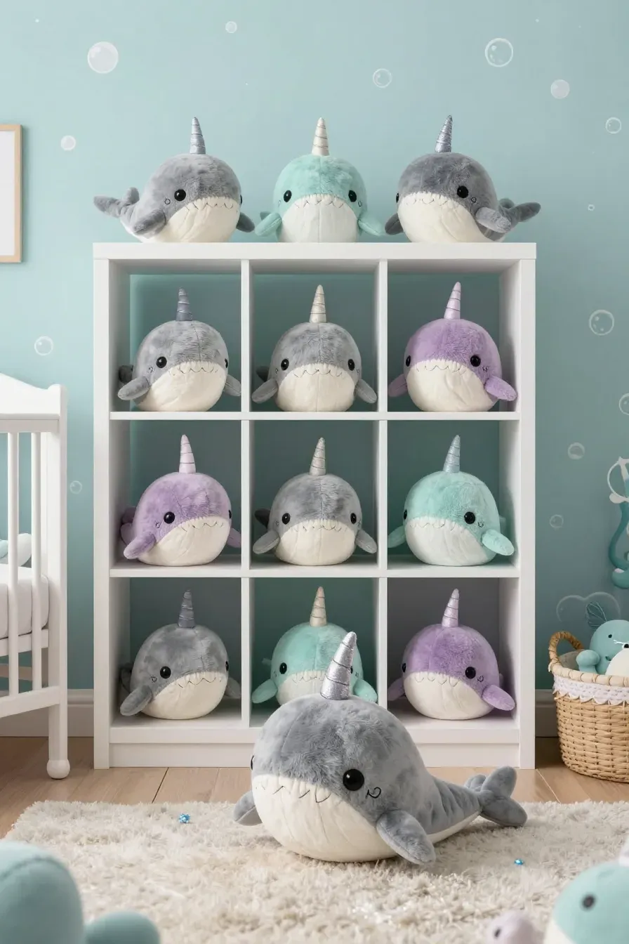 A collection of soft narwhal plush toys arranged on shelves in a teal nursery.