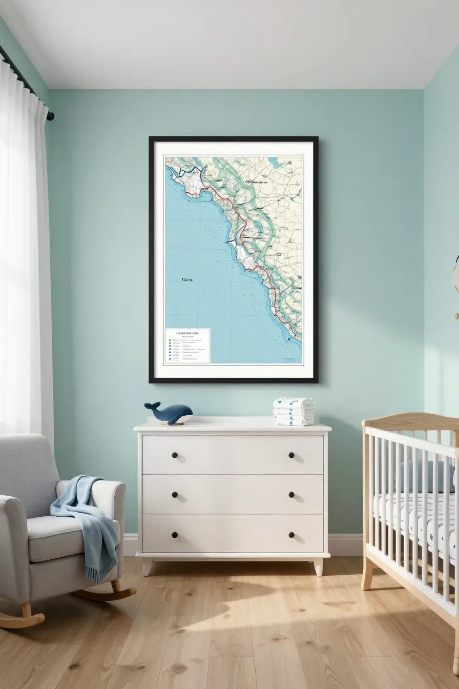 A wide view of a serene blue nursery featuring a framed nautical map above a white dresser.