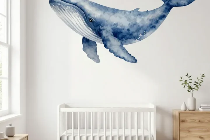 A nursery with a large watercolor blue whale mural on the wall behind a white crib.