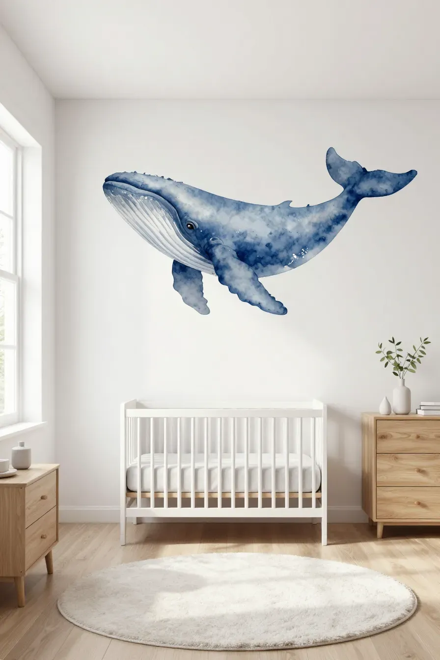 A nursery with a large watercolor blue whale mural on the wall behind a white crib.