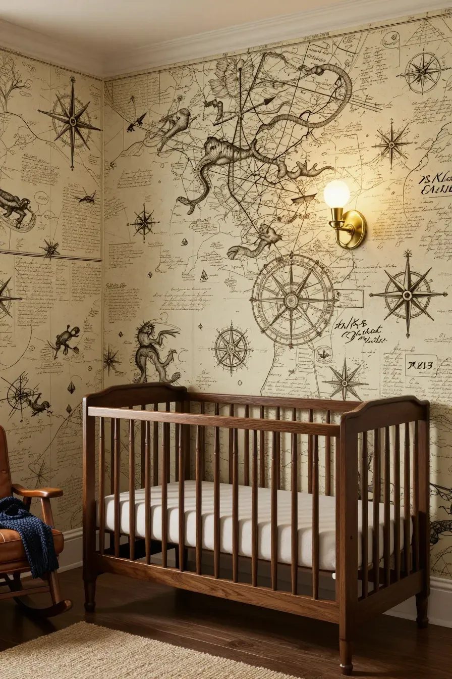 A sophisticated nursery with vintage nautical map wallpaper and a dark wood crib.