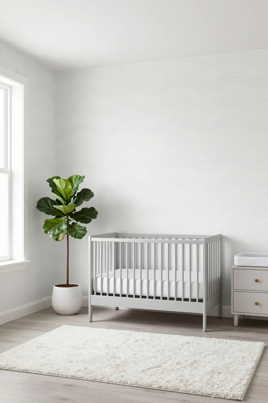 A bright nursery with subtle gray wave pattern wallpaper and modern gray furniture.